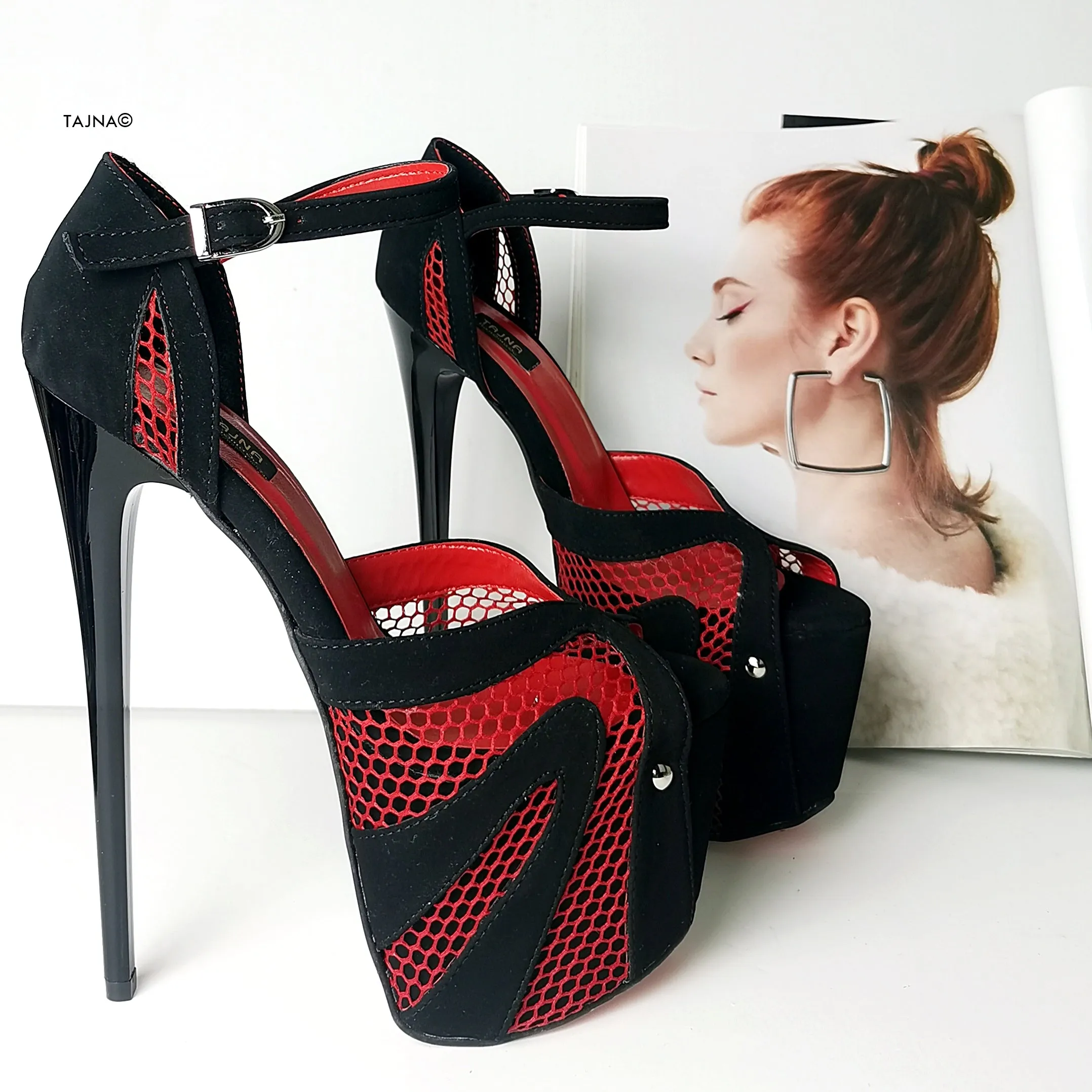 Black Red Fishnet Detail High Heels