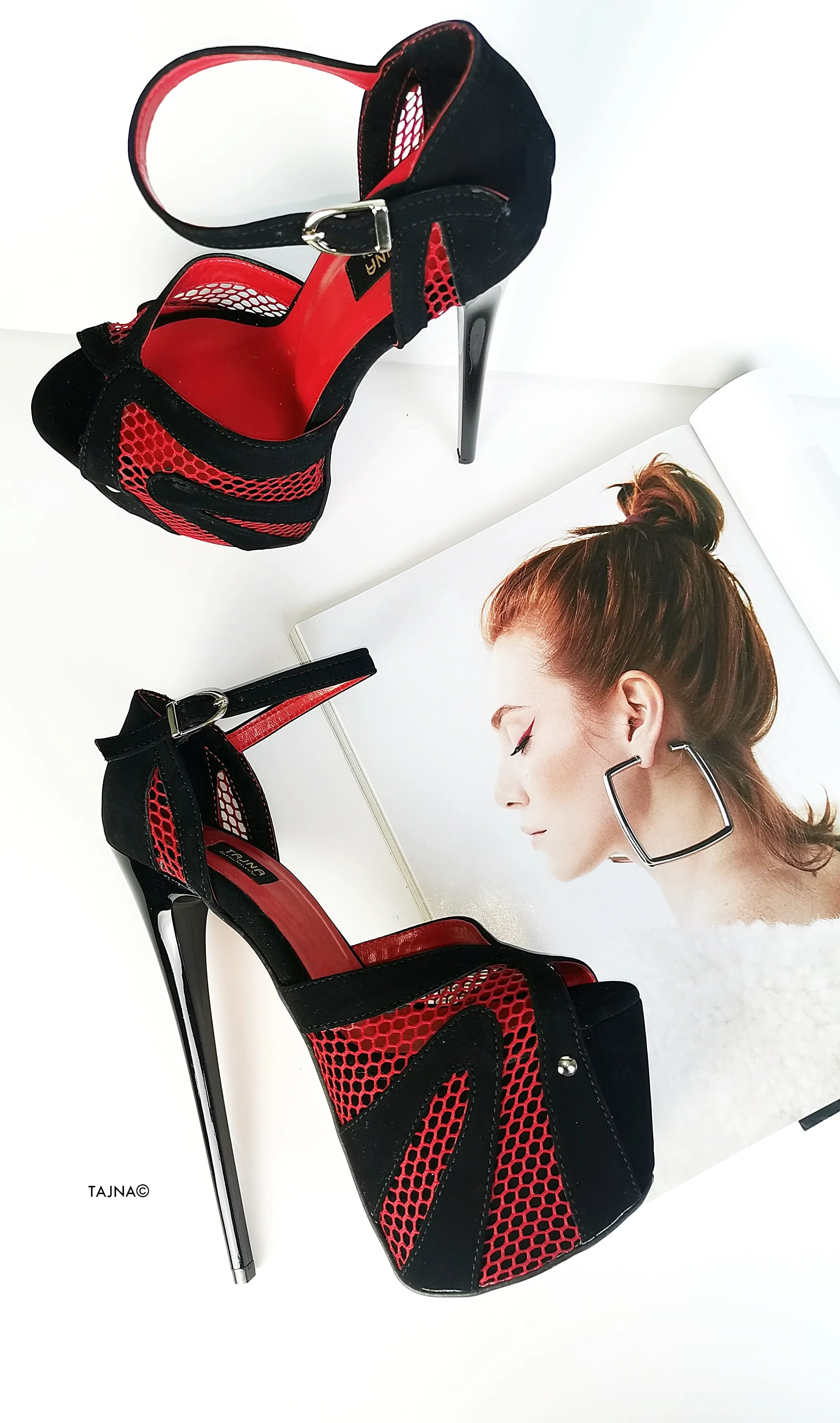 Black Red Fishnet Detail High Heels