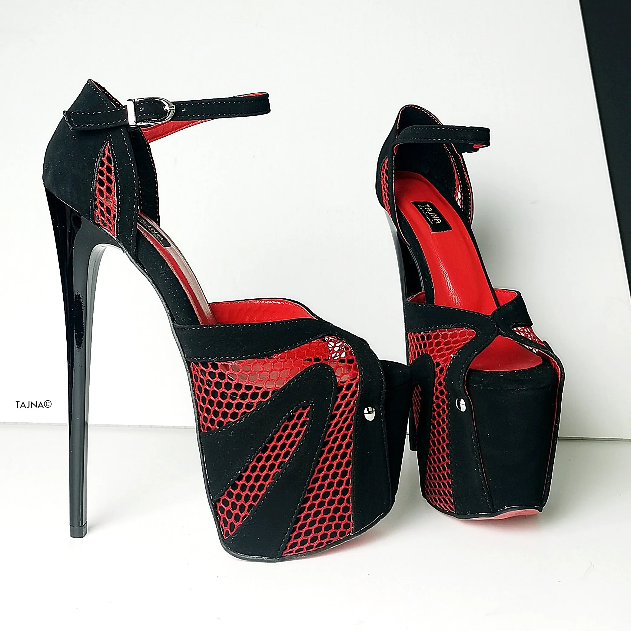 Black Red Fishnet Detail High Heels