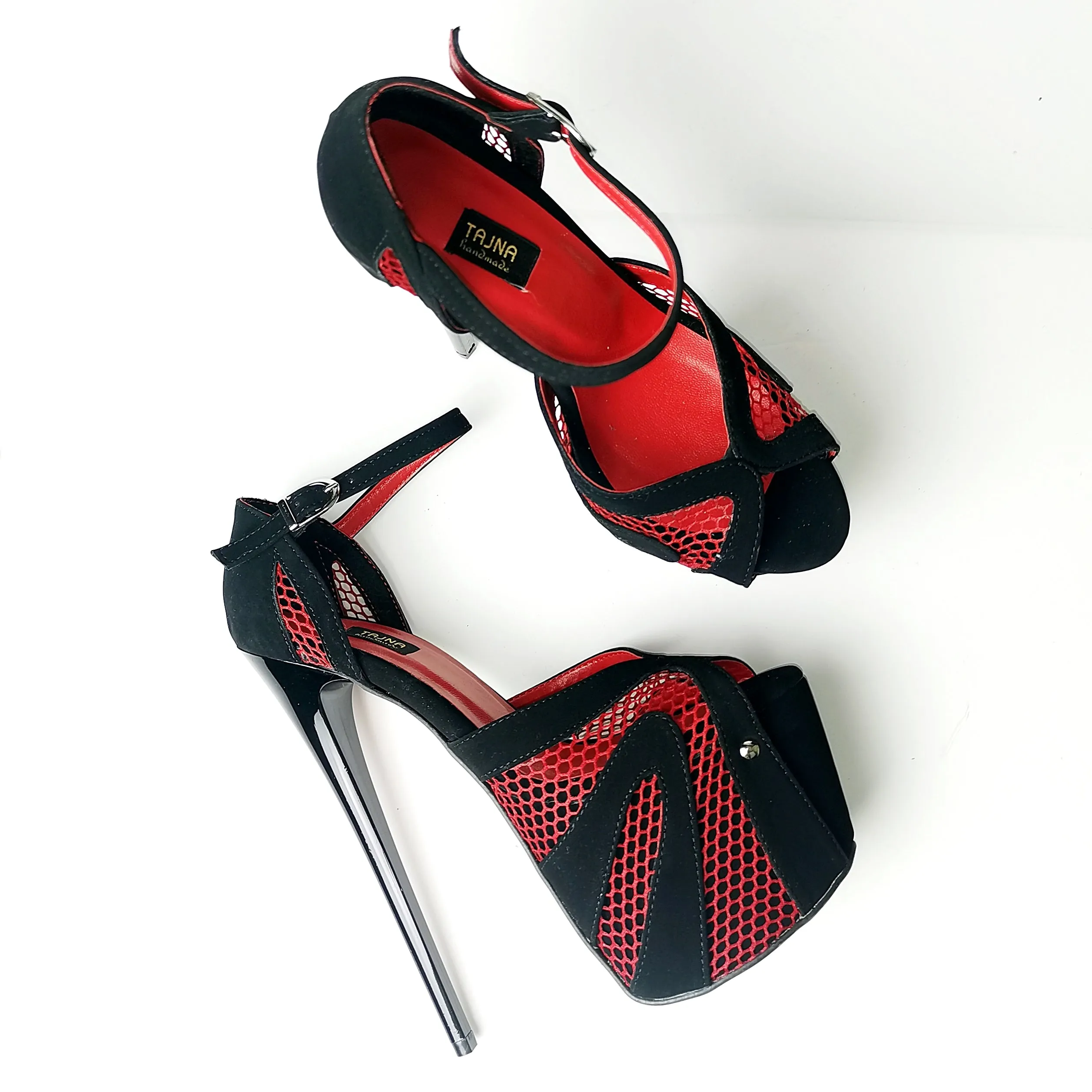 Black Red Fishnet Detail High Heels