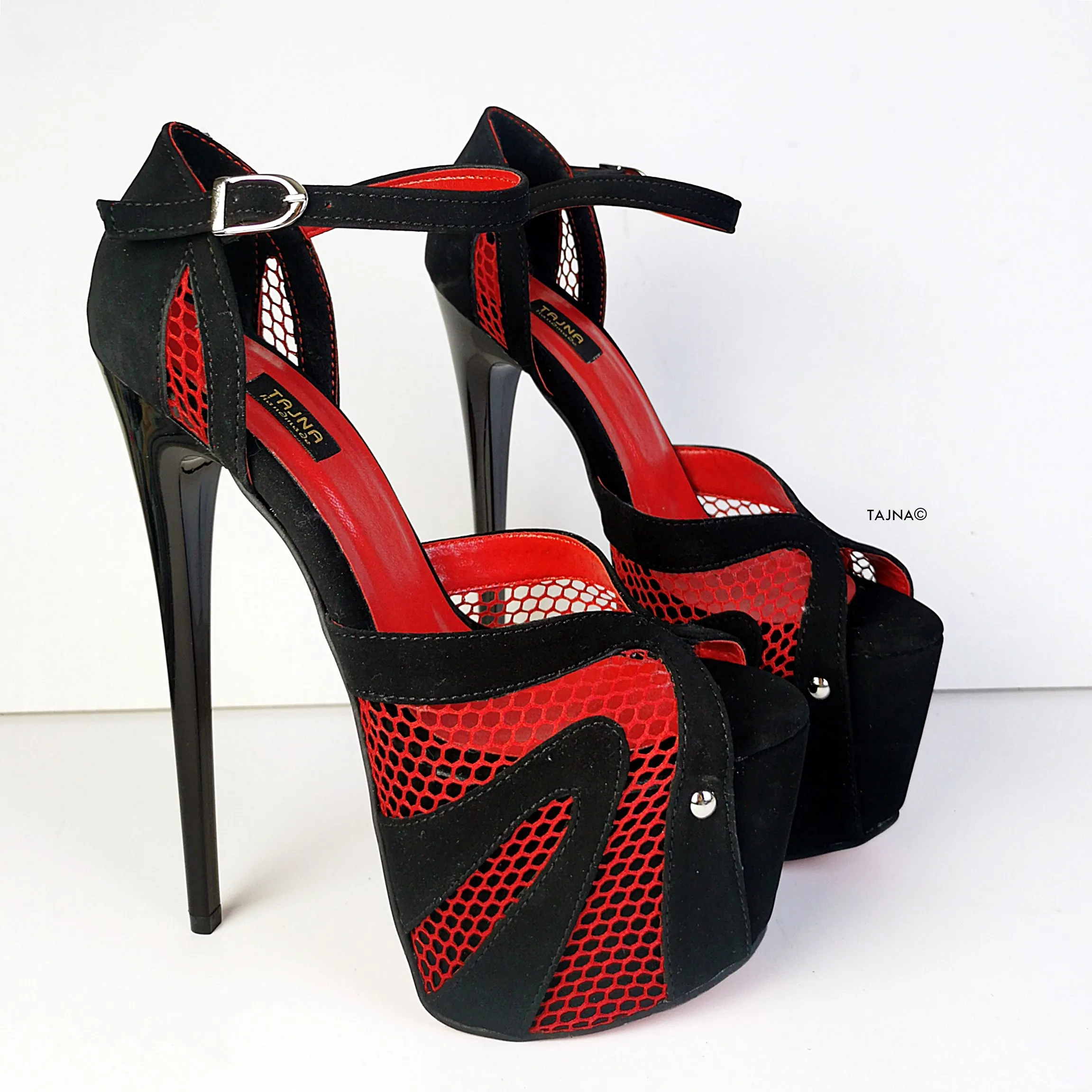 Black Red Fishnet Detail High Heels