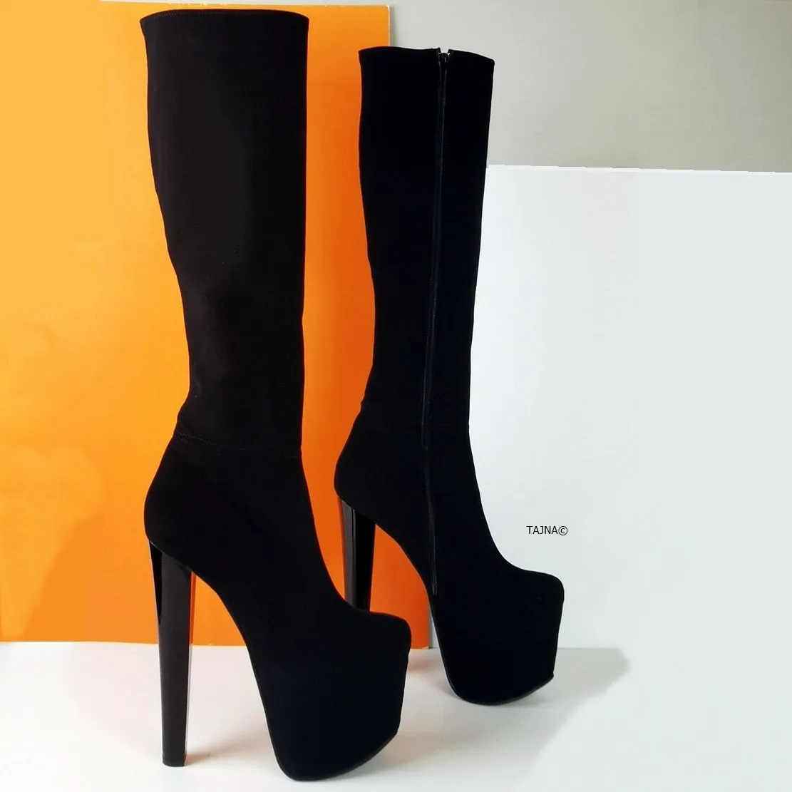 Black Strech Mid-Calf Chunky Boots