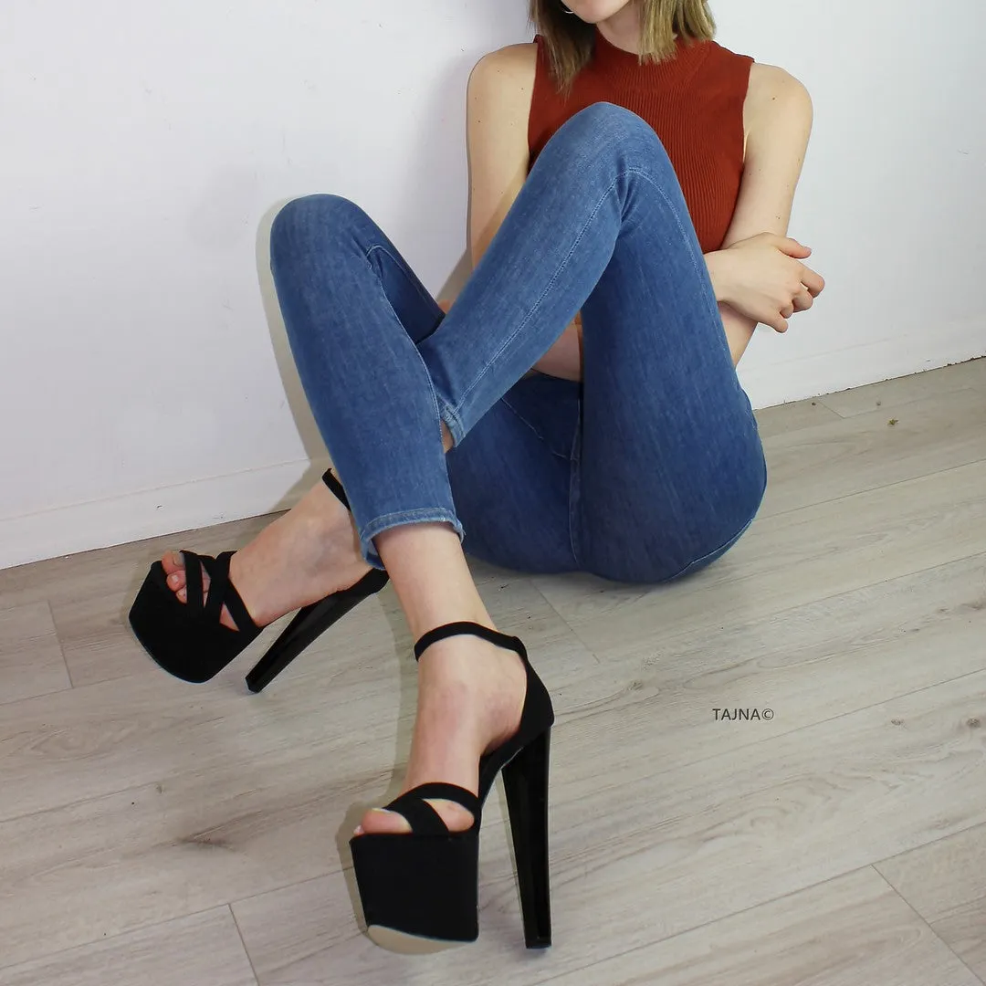 Black Suede Cross Strap Thick Heels