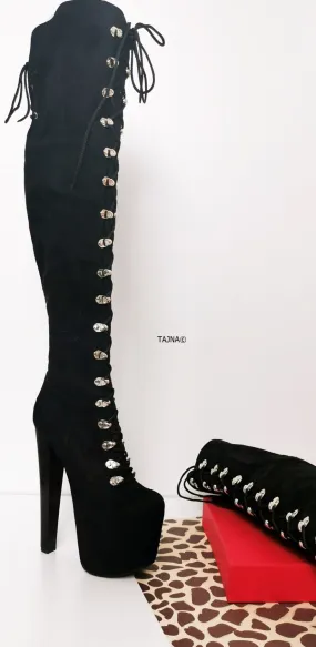 Black Suede Military High Heel Over Knee Boots