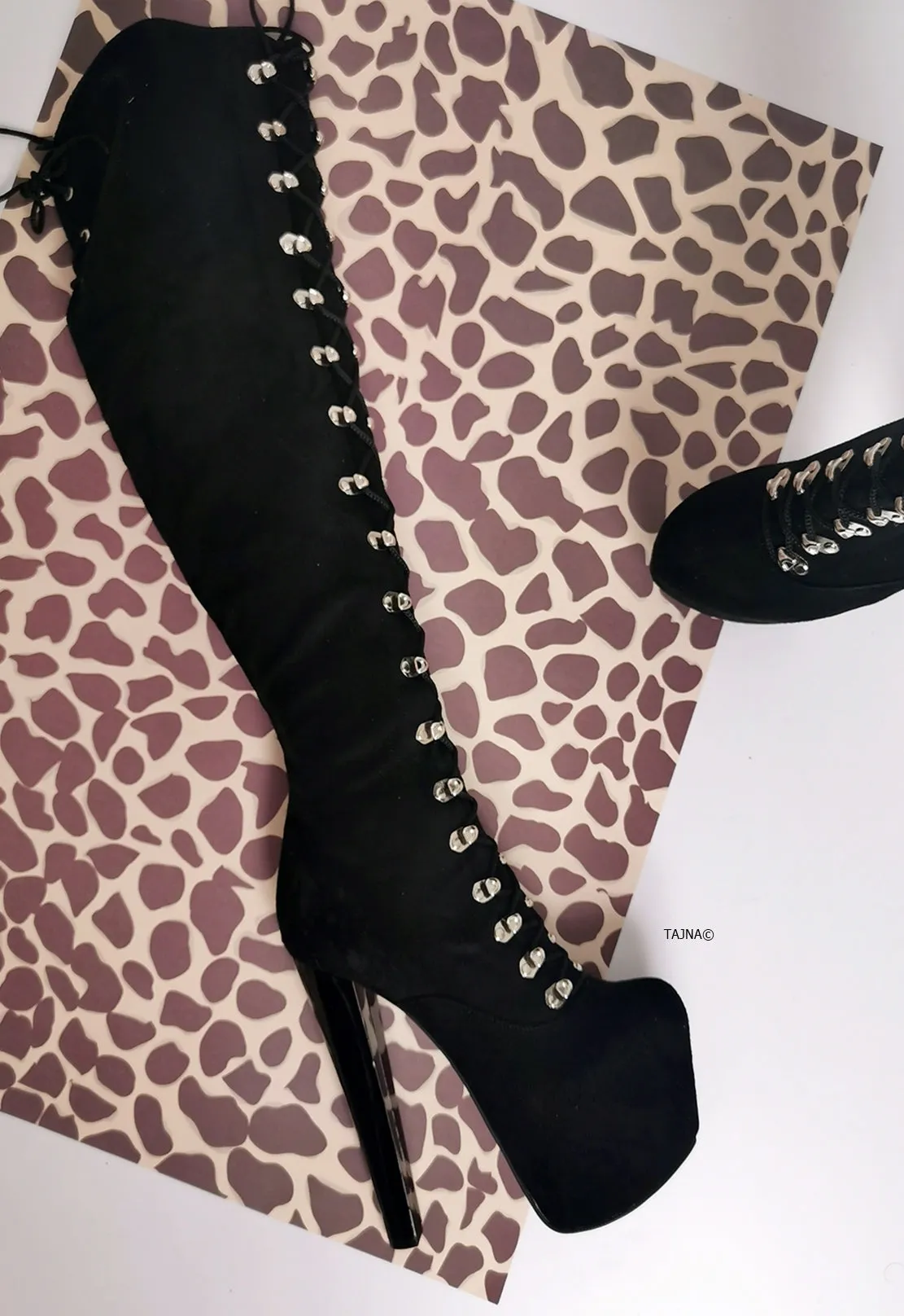 Black Suede Military High Heel Over Knee Boots