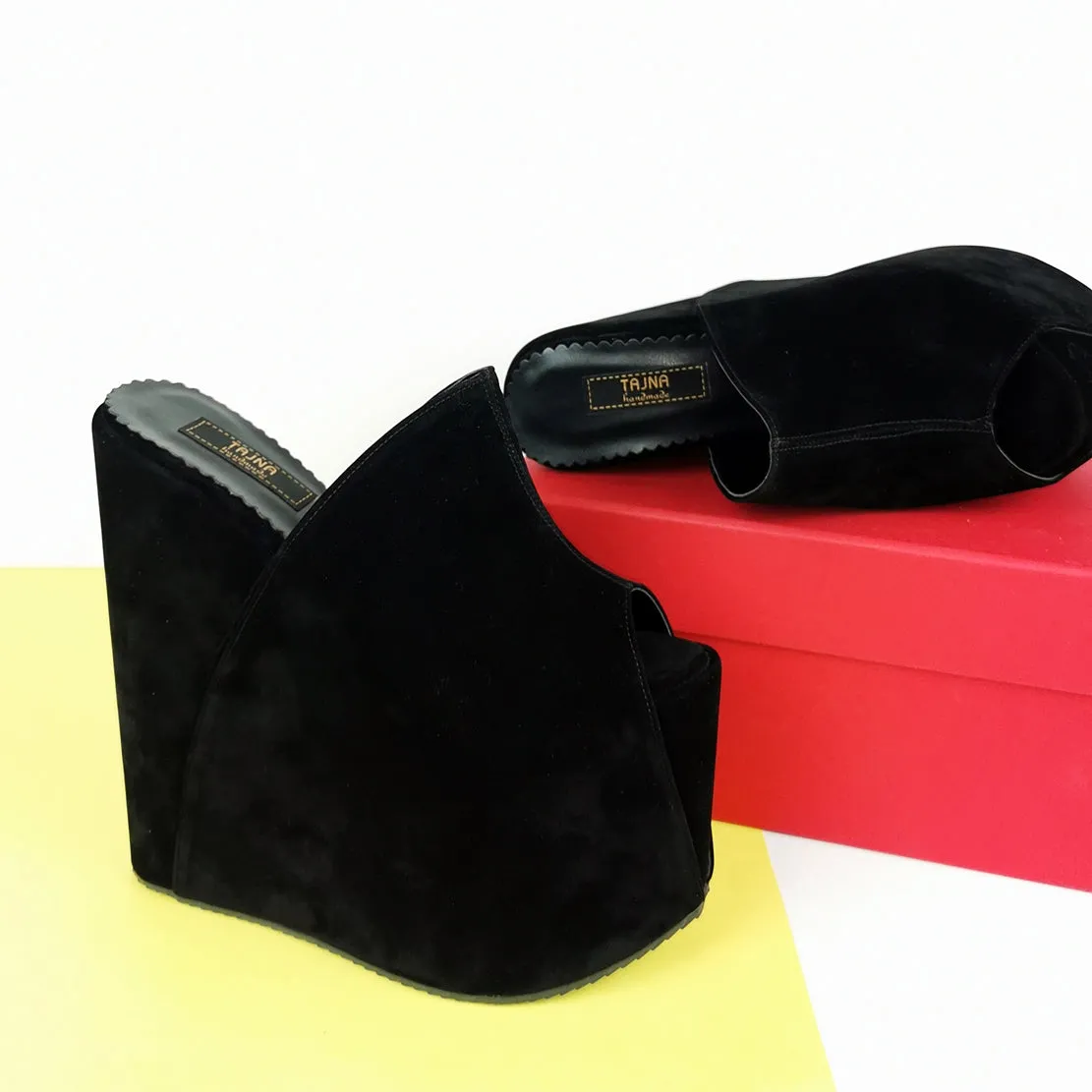 Black Suede Platform Wedge High Heel Mules