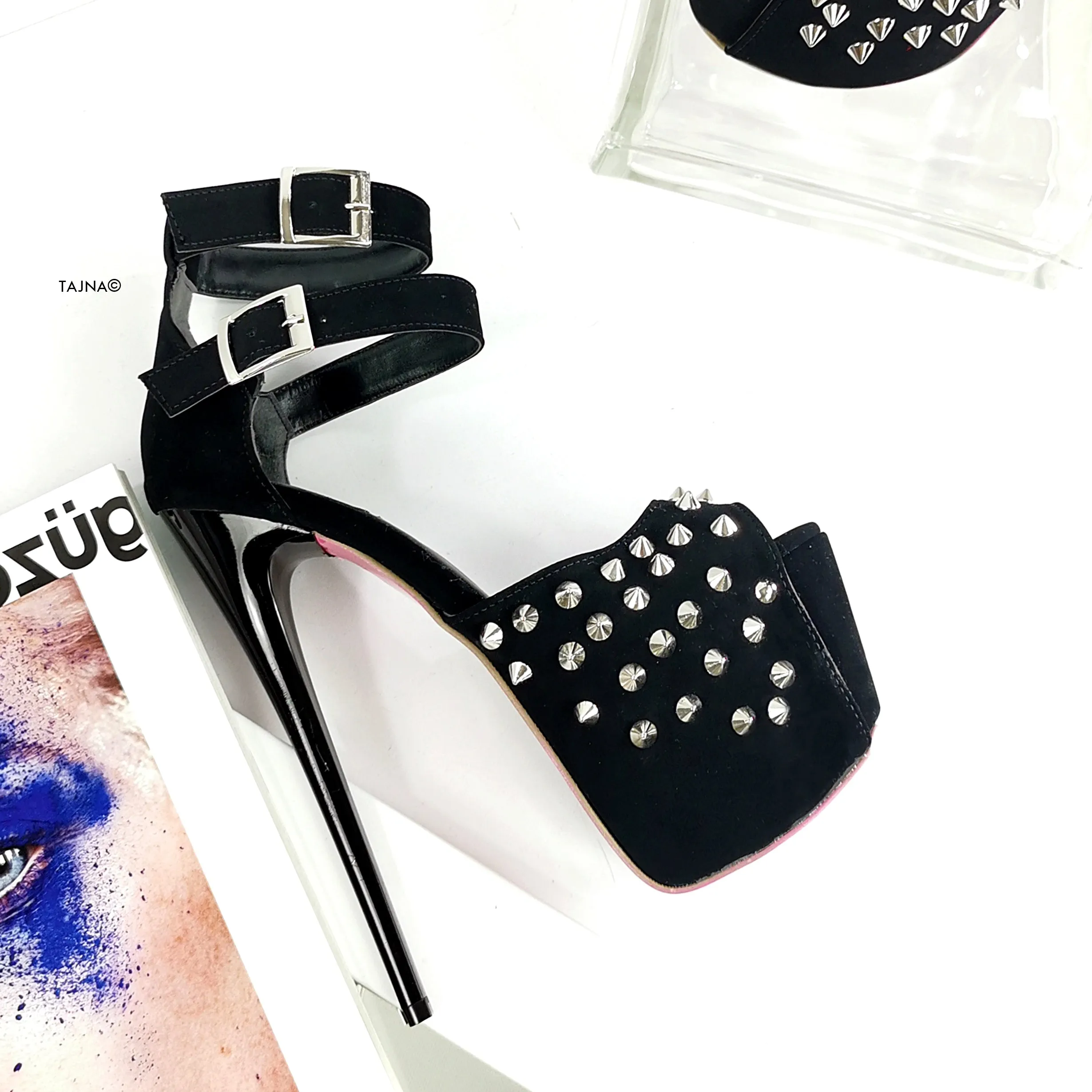 Black Suede Spike Studs Strap Heels