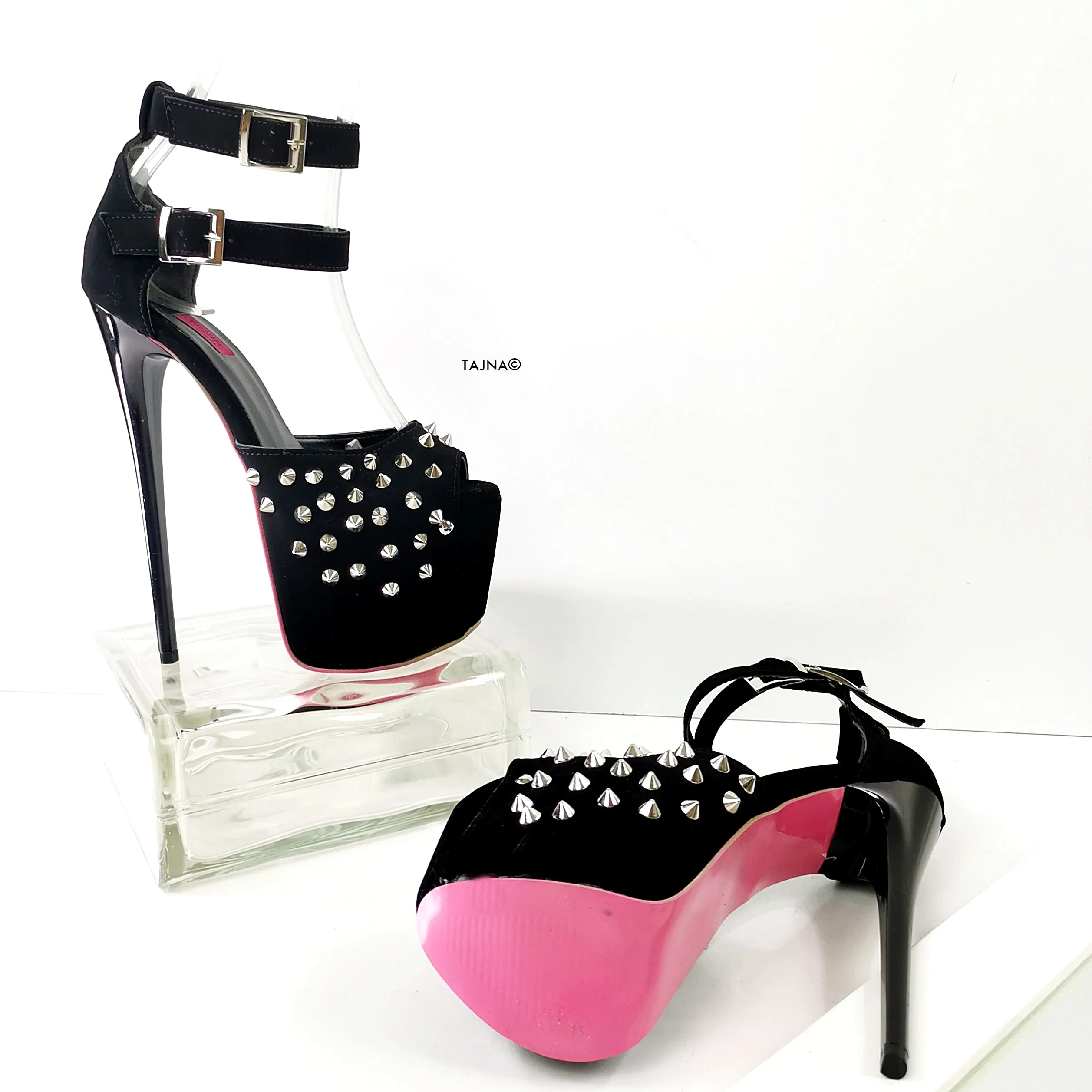 Black Suede Spike Studs Strap Heels