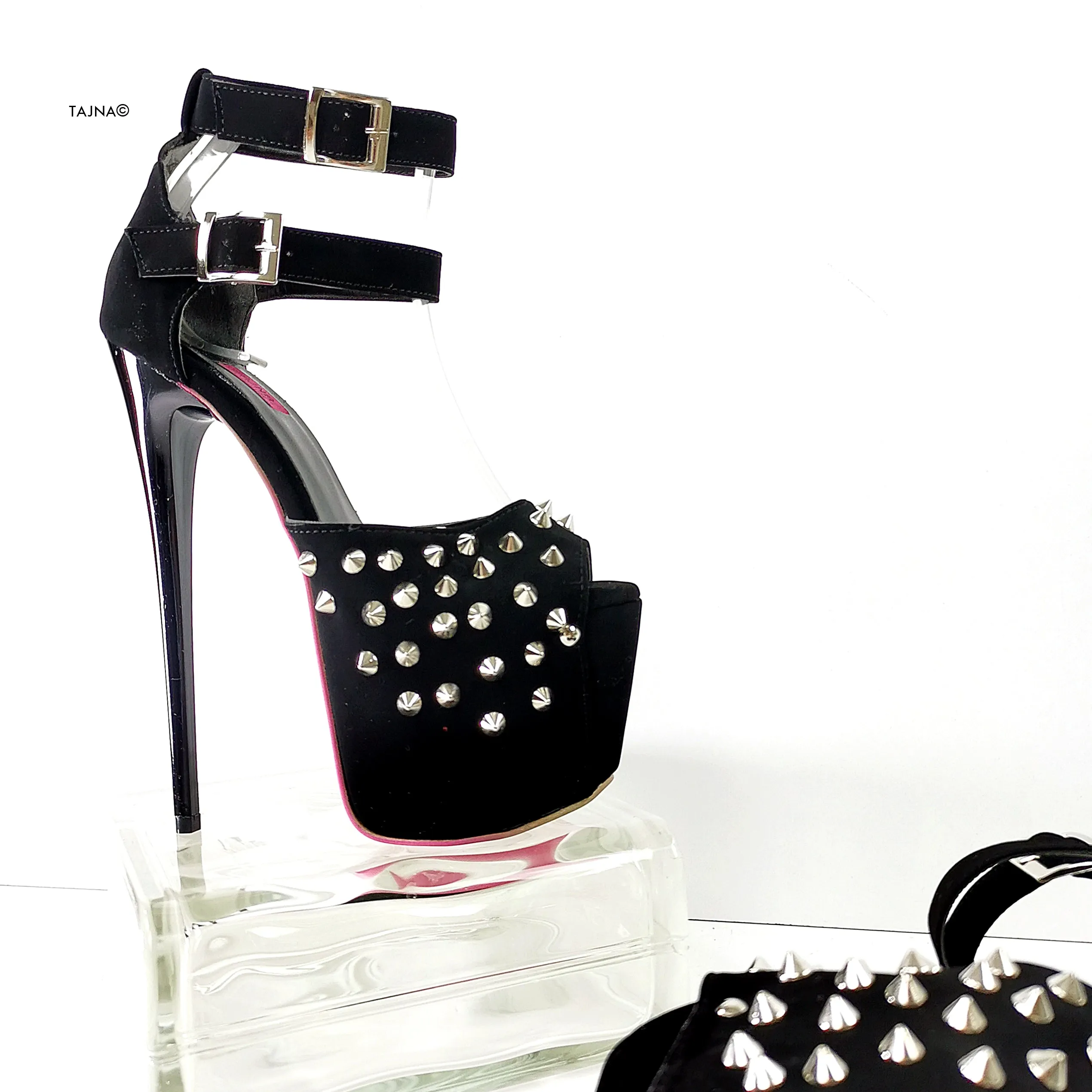 Black Suede Spike Studs Strap Heels