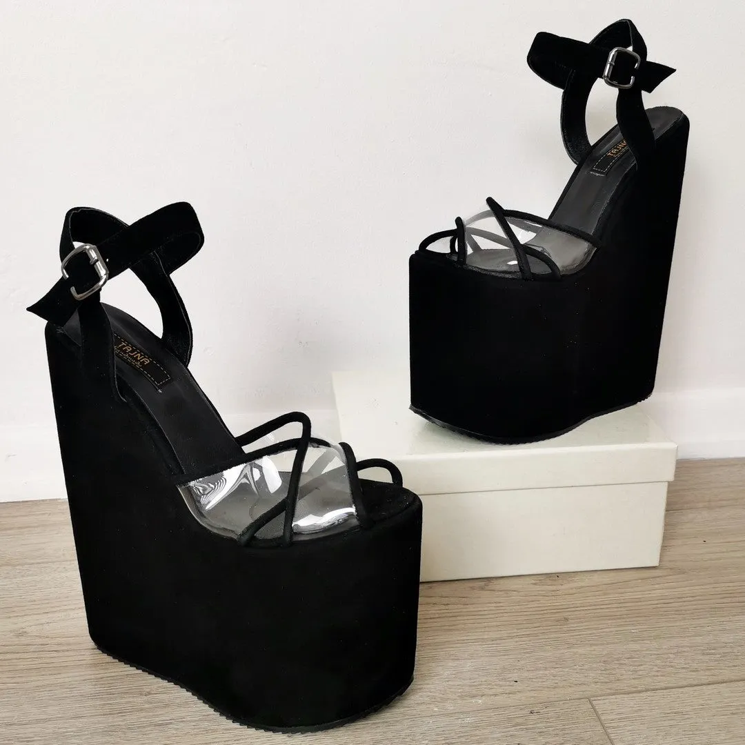 Black Suede Transparent Wedge Sandals