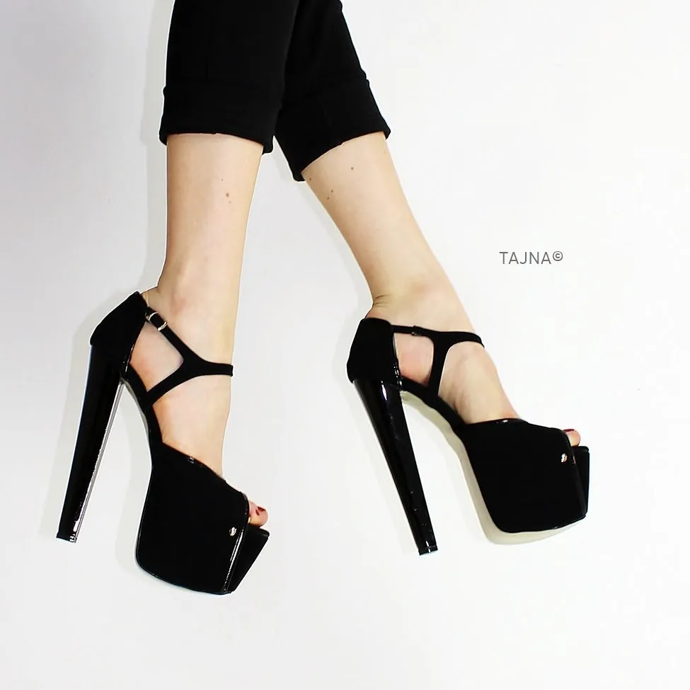 Black Suede V Ankle Platform Heels