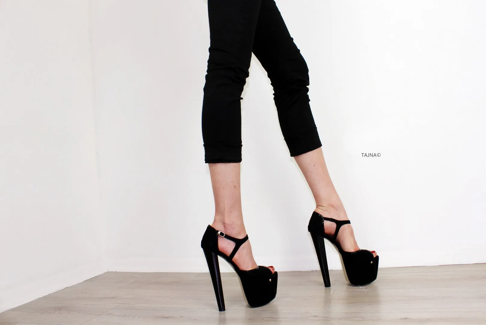 Black Suede V Ankle Platform Heels