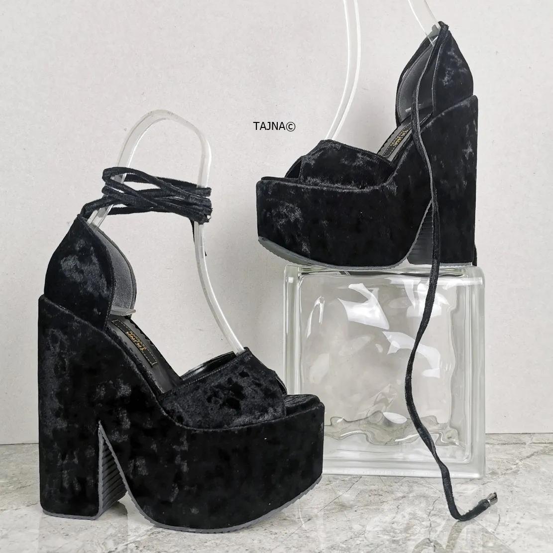 Black Velvet Ankle Lace Up Wedges