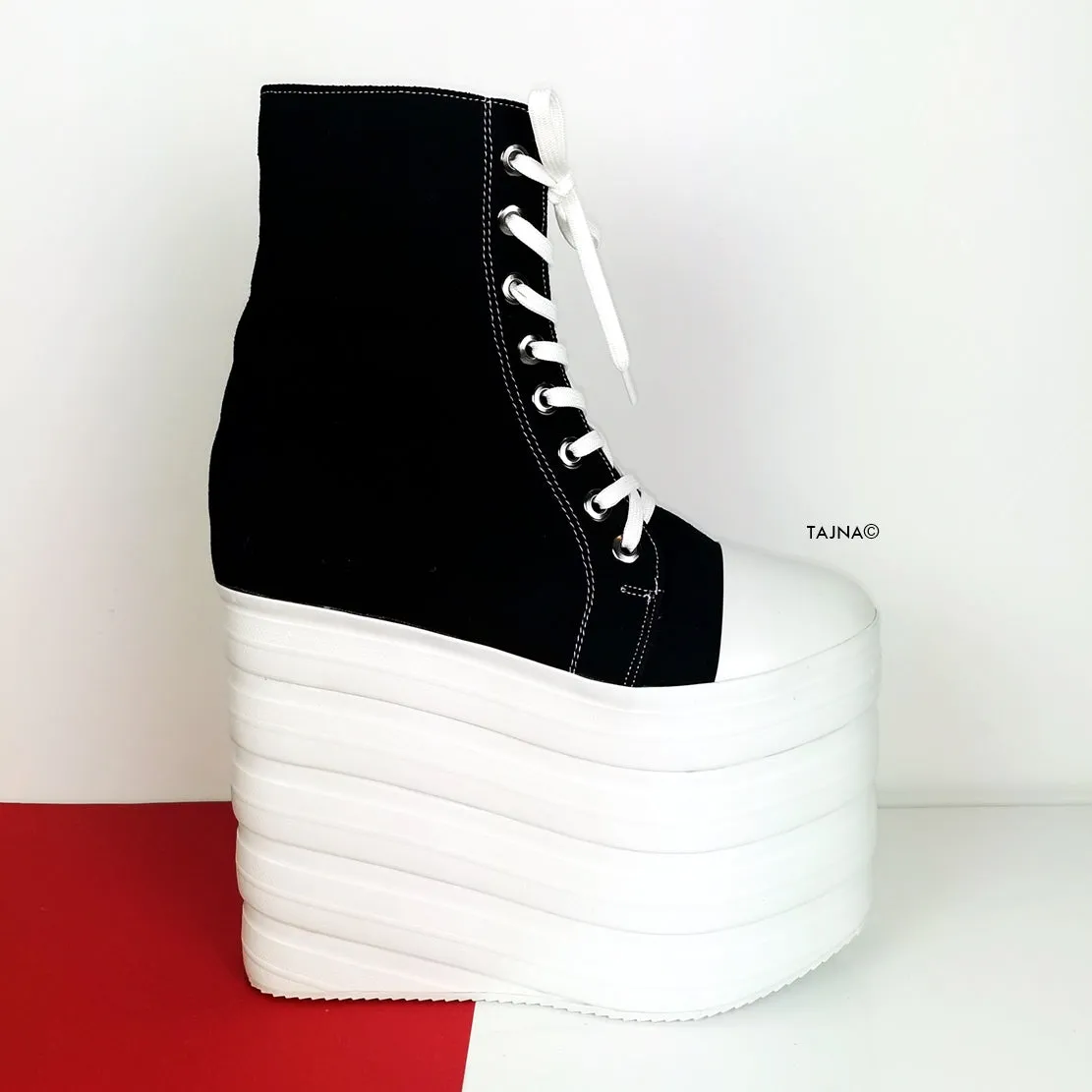 Black White Lace Up Sport Style Wedges