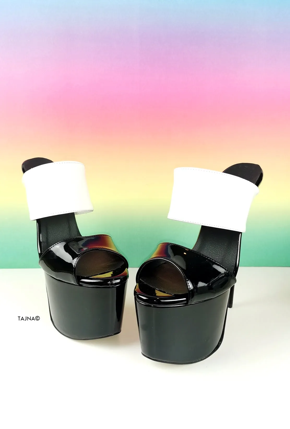 Black White Patent Double Strap Mules