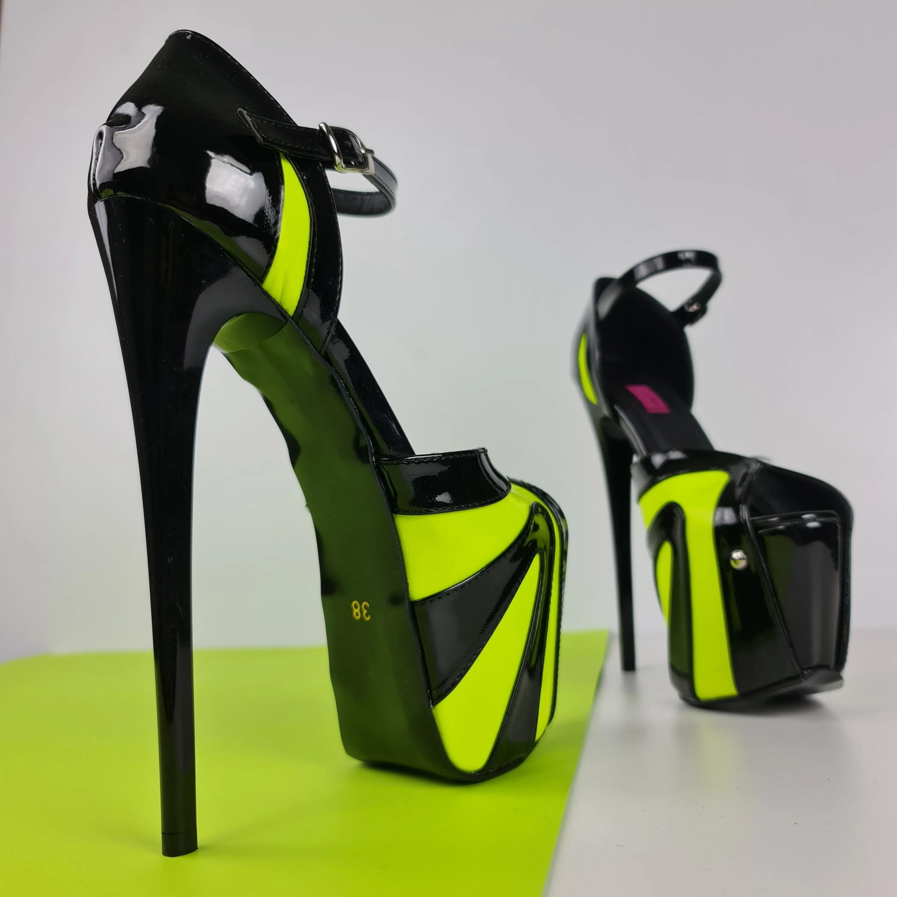 Black Yellow Neon Ankle Strap High Heels