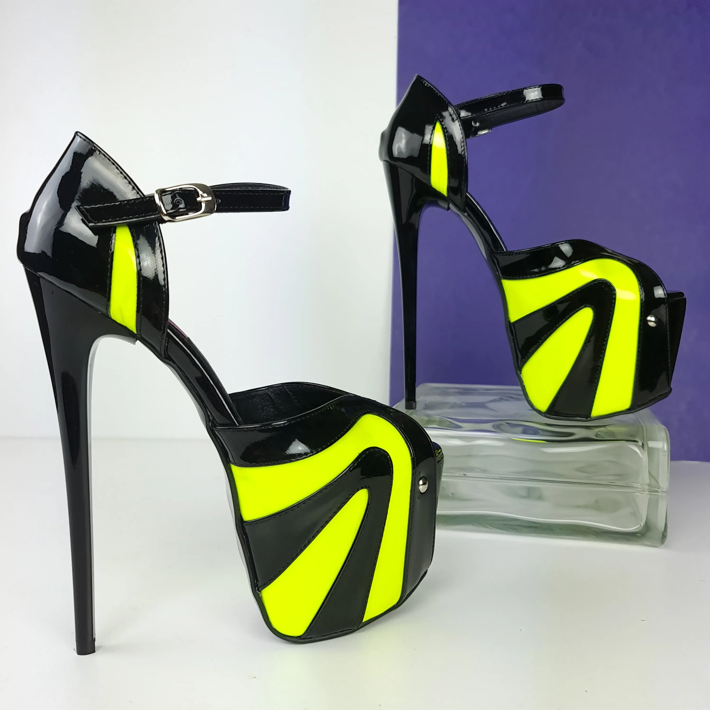 Black Yellow Neon Ankle Strap High Heels