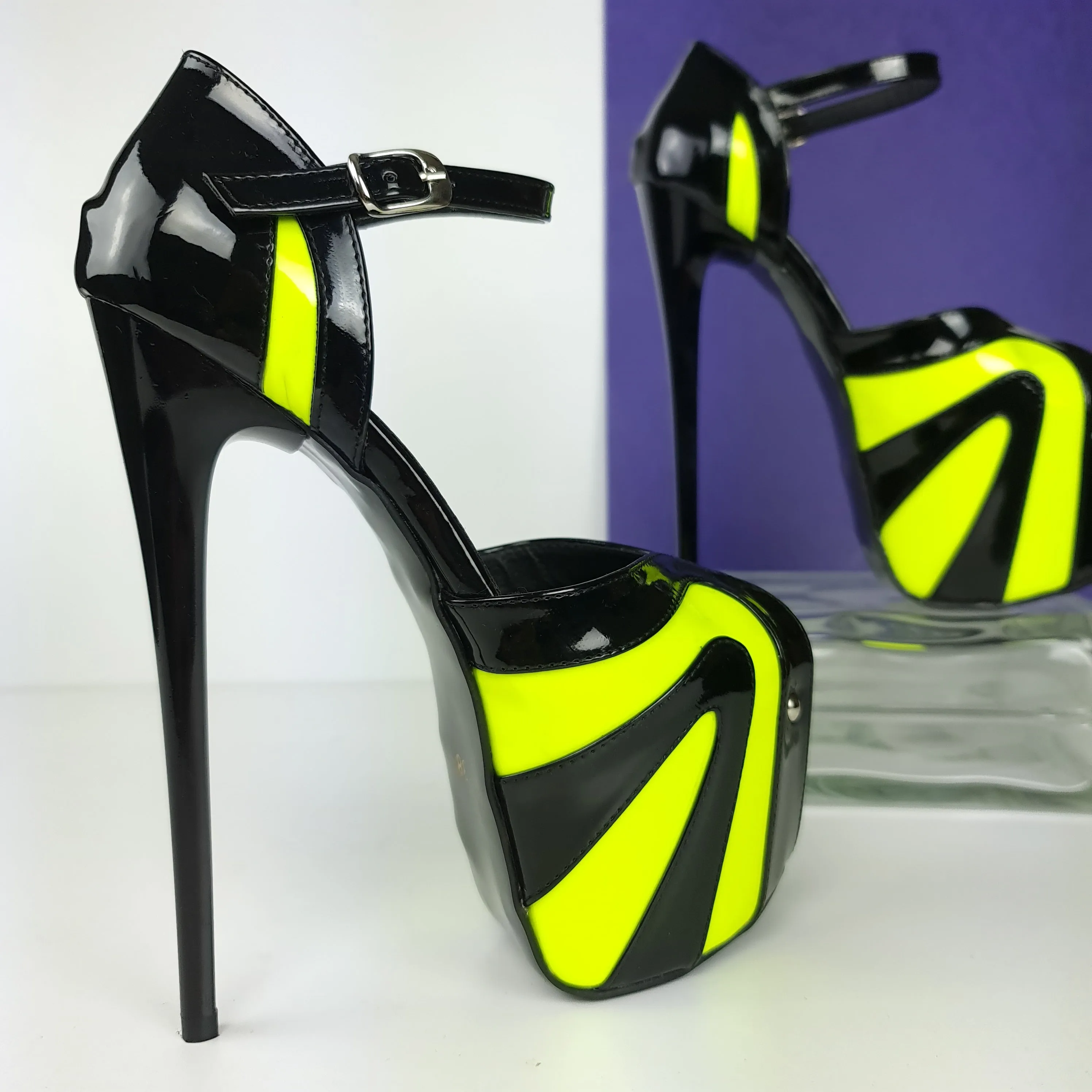 Black Yellow Neon Ankle Strap High Heels