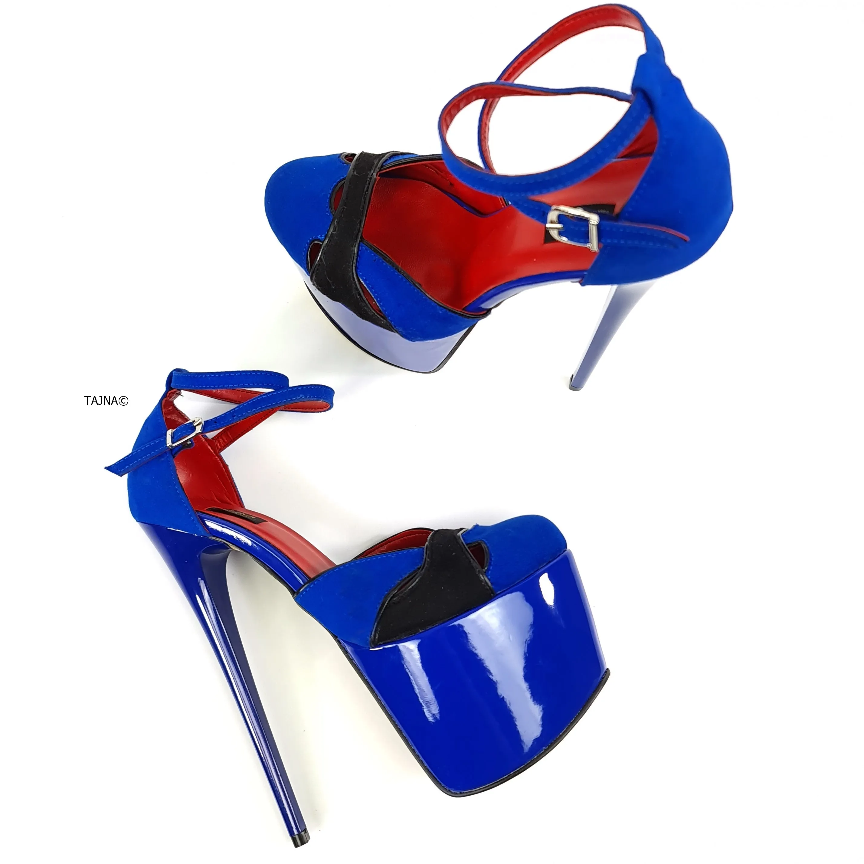 Blue Black Suede Double Strap High Heels