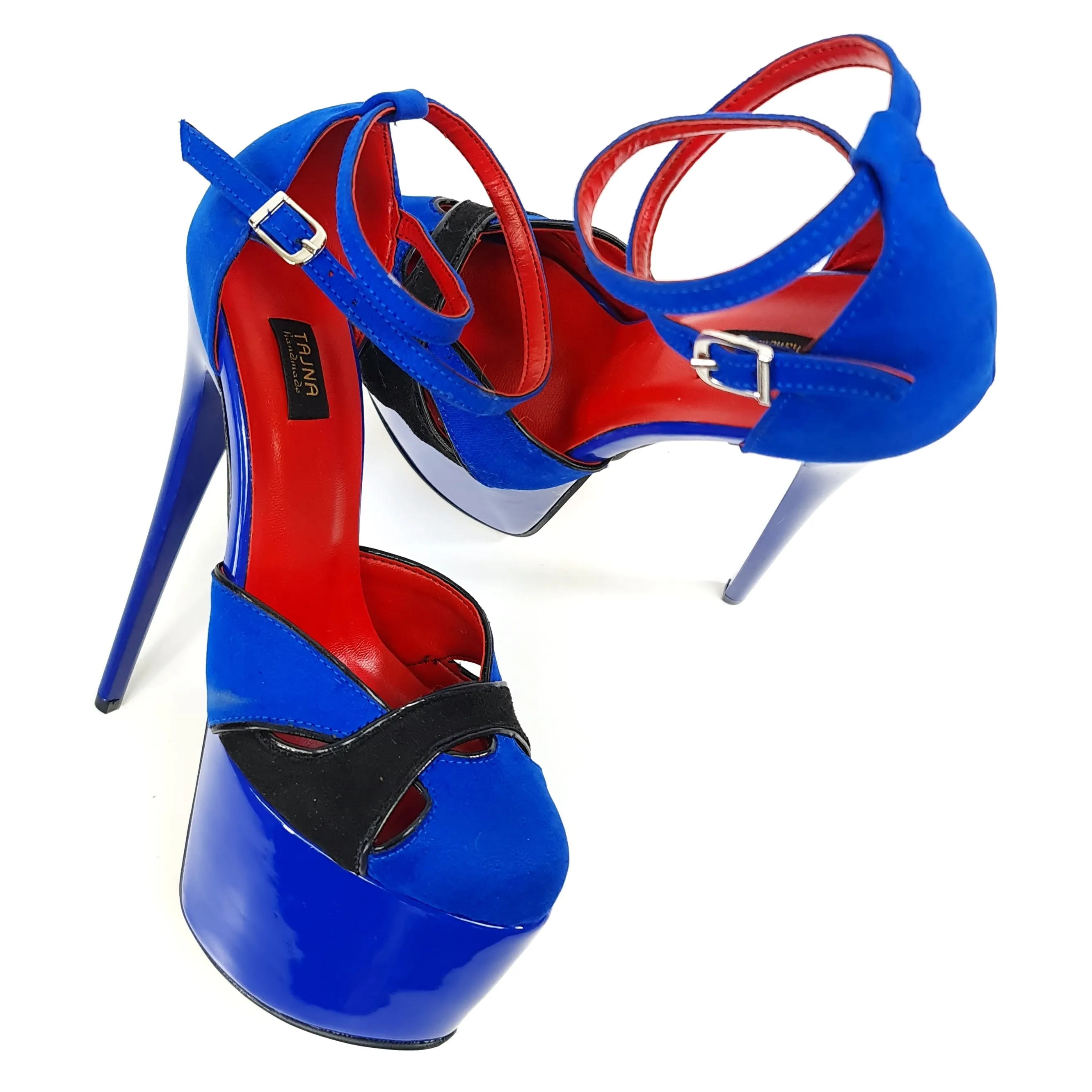 Blue Black Suede Double Strap High Heels