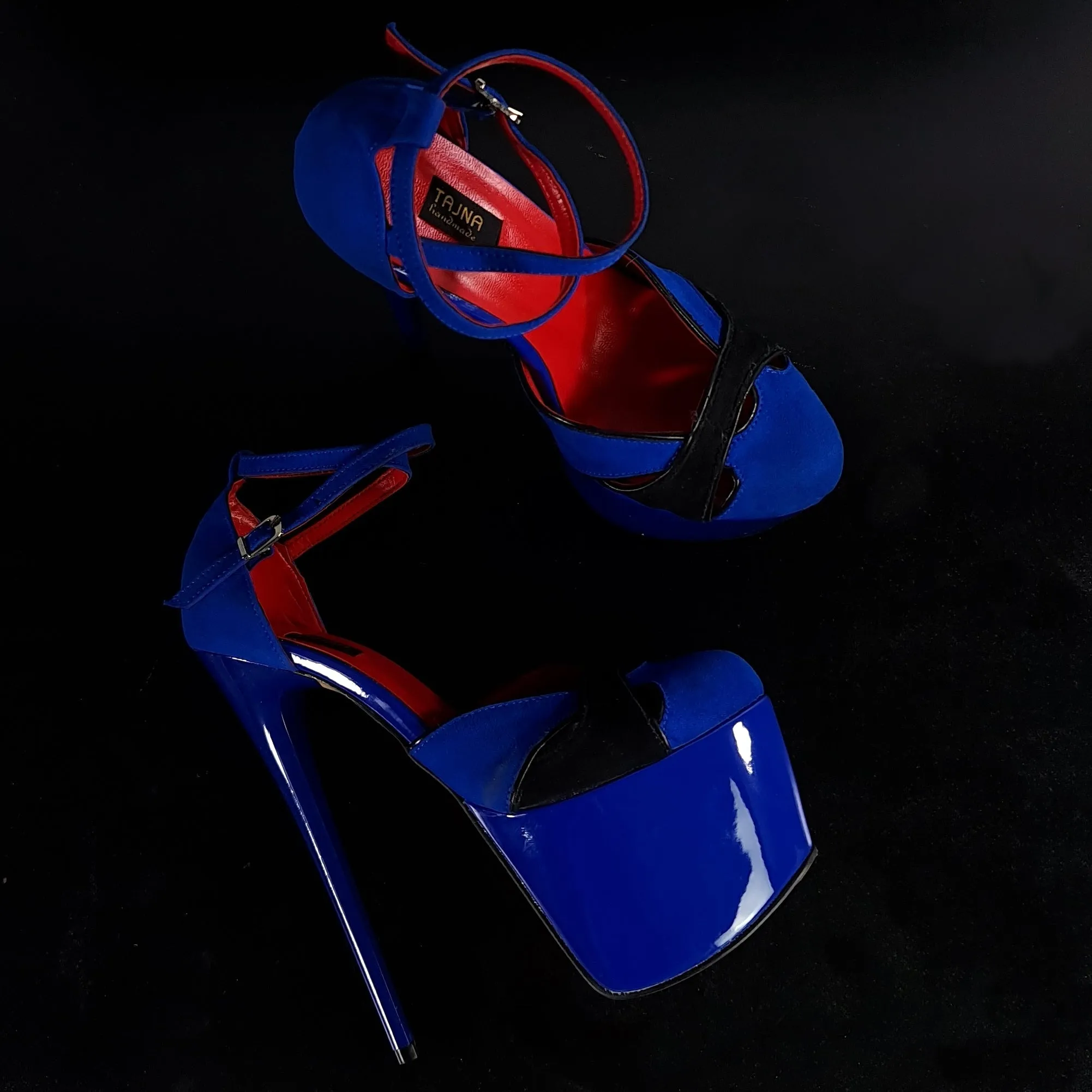 Blue Black Suede Double Strap High Heels