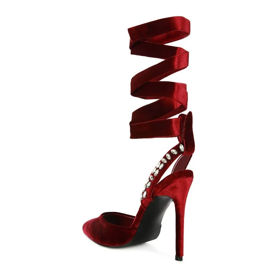 Burgundy Velvet Diamante Stud Tie Up Heels