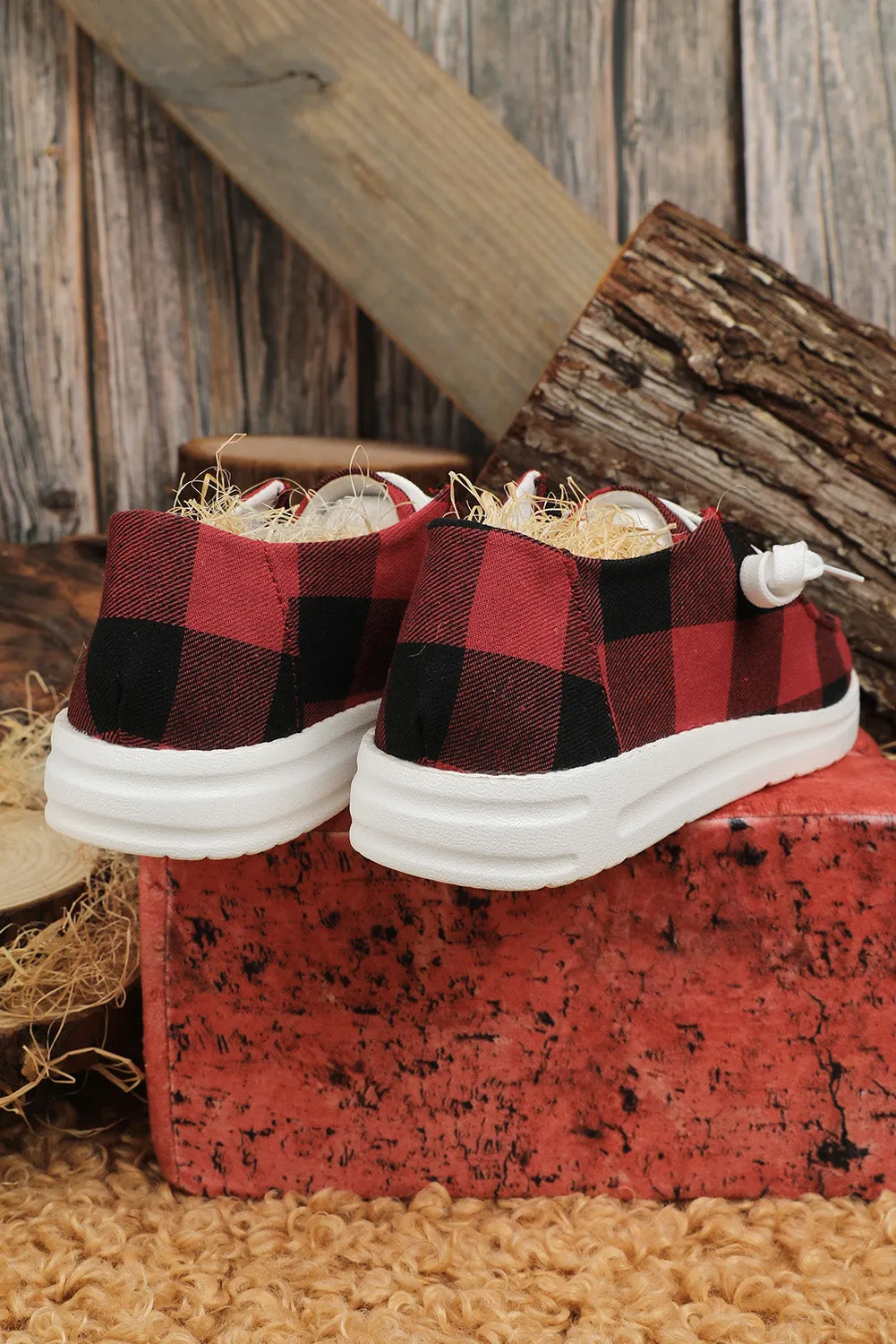 Canvas Shoes For Women Slip On Walking Shoes Plaid Lace Up Flat Shoes