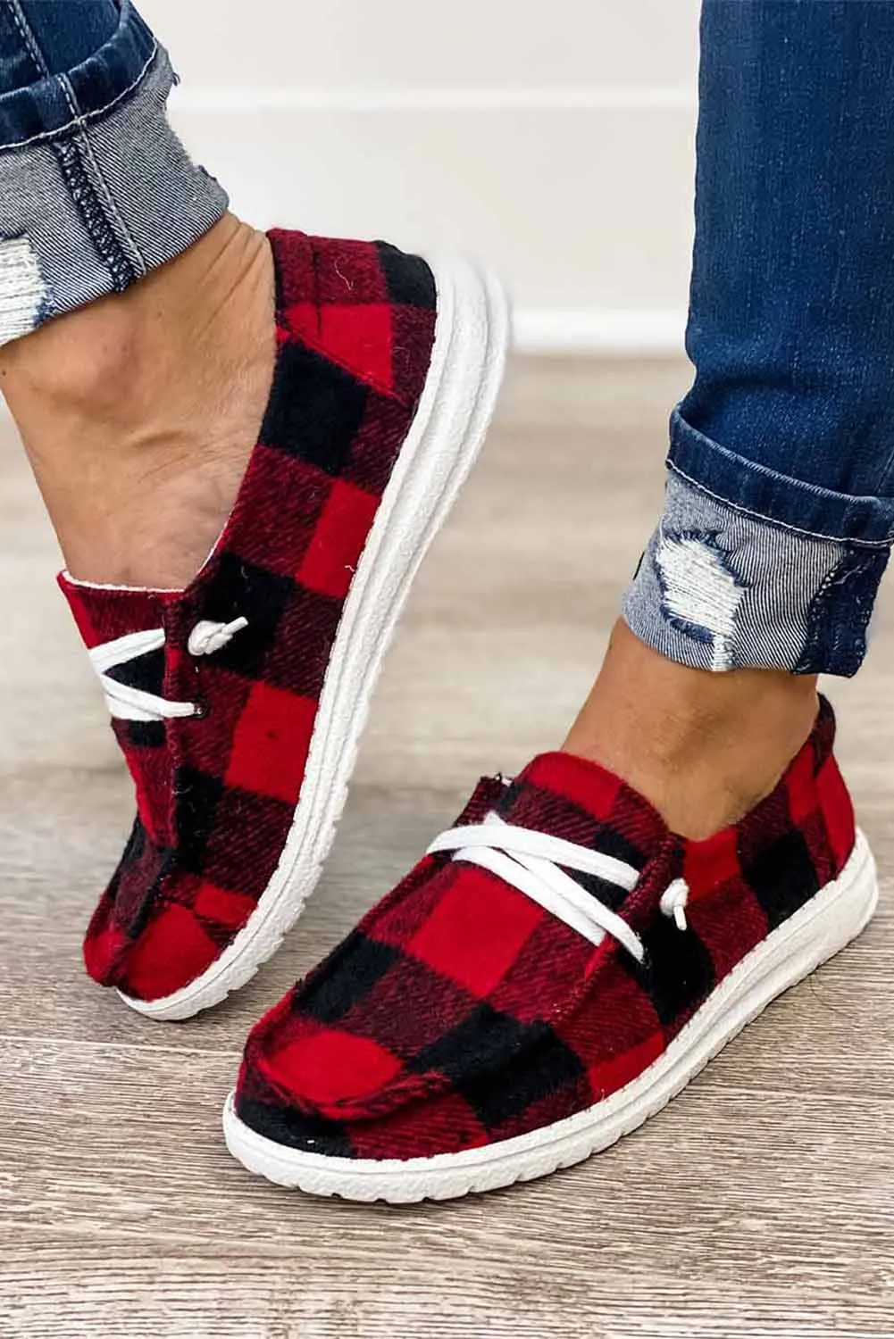 Canvas Shoes For Women Slip On Walking Shoes Plaid Lace Up Flat Shoes