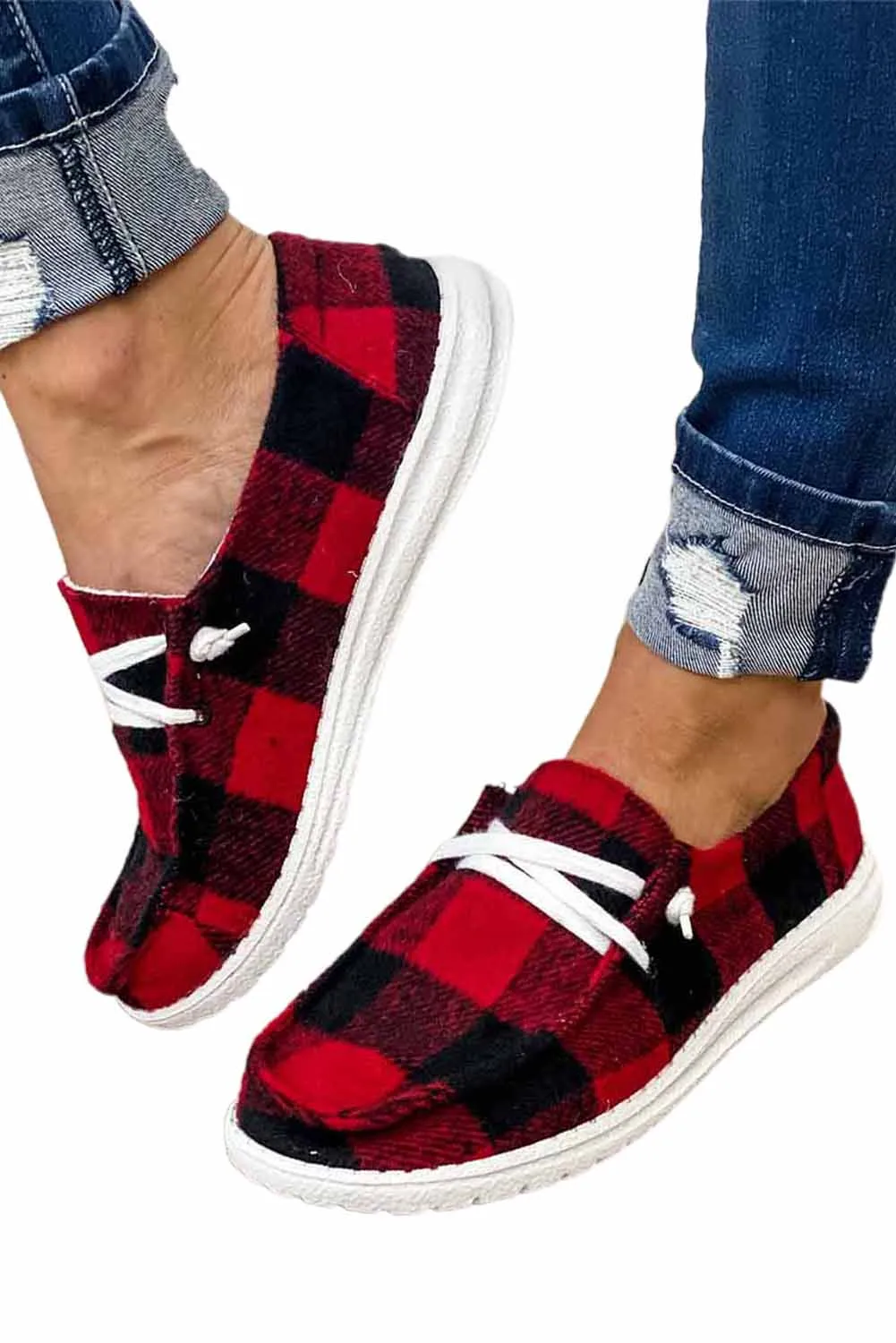 Canvas Shoes For Women Slip On Walking Shoes Plaid Lace Up Flat Shoes