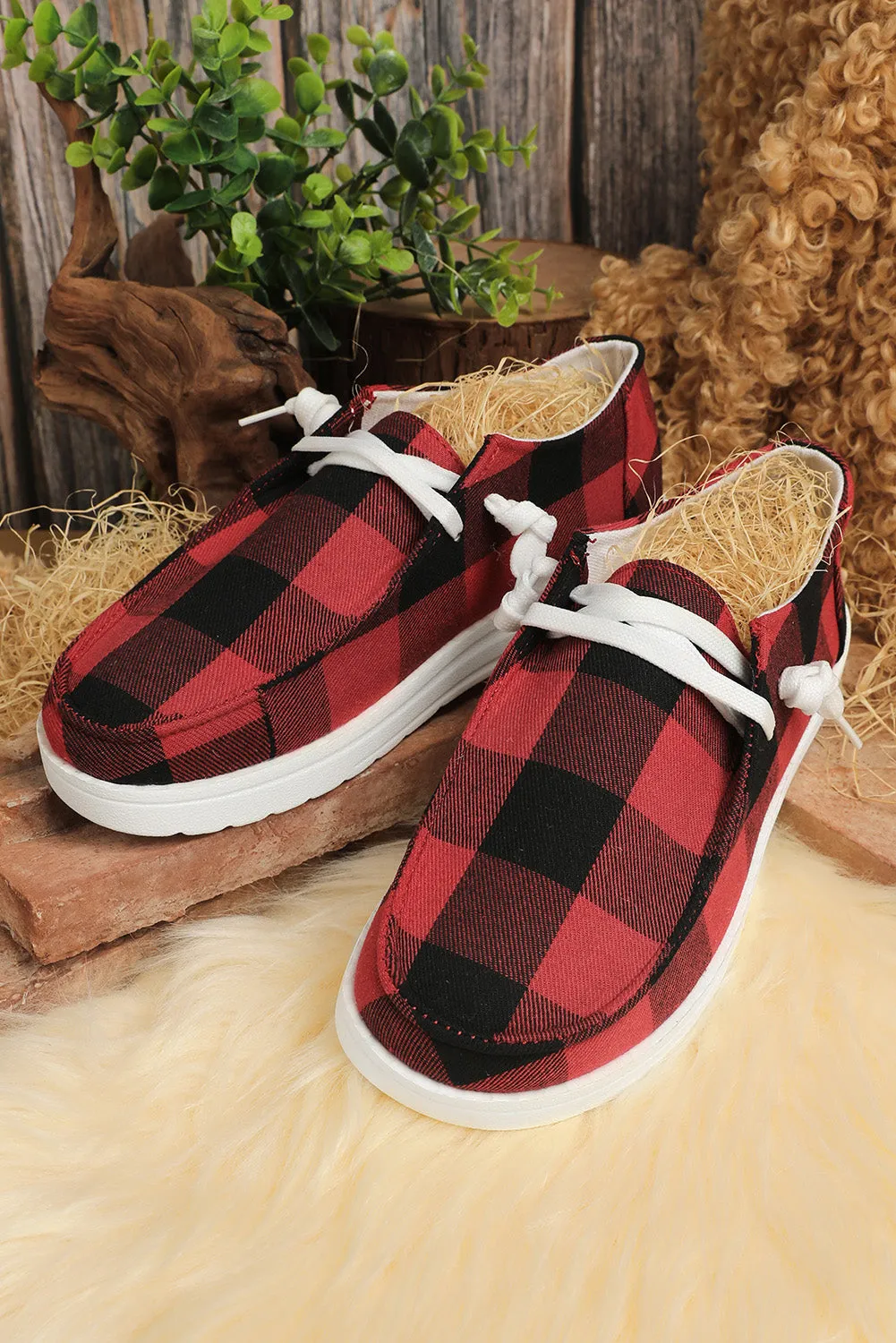 Canvas Shoes For Women Slip On Walking Shoes Plaid Lace Up Flat Shoes