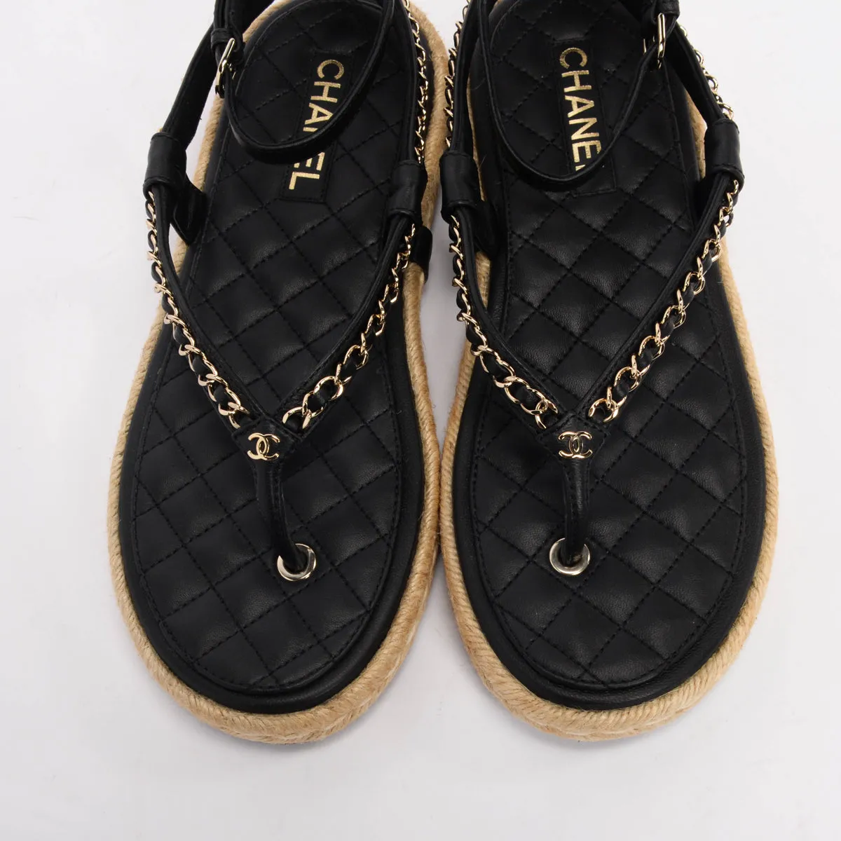 Chanel Black Lambskin Chain CC Thong Sandals 42