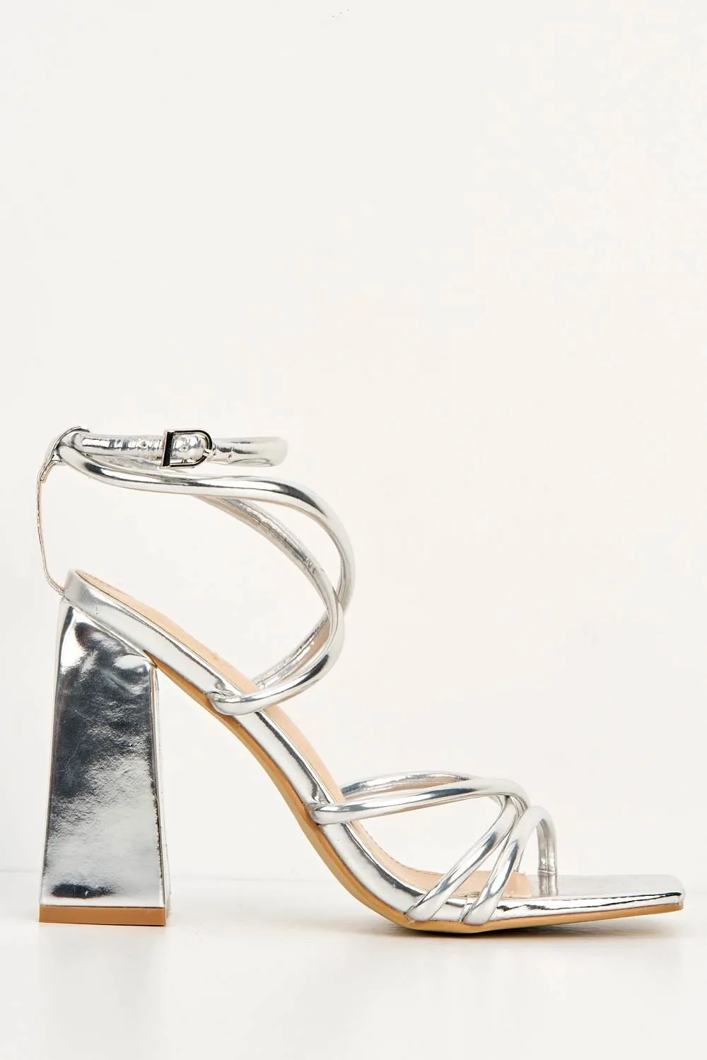 Chania Thick Strappy Block Heel Sandal in Silver