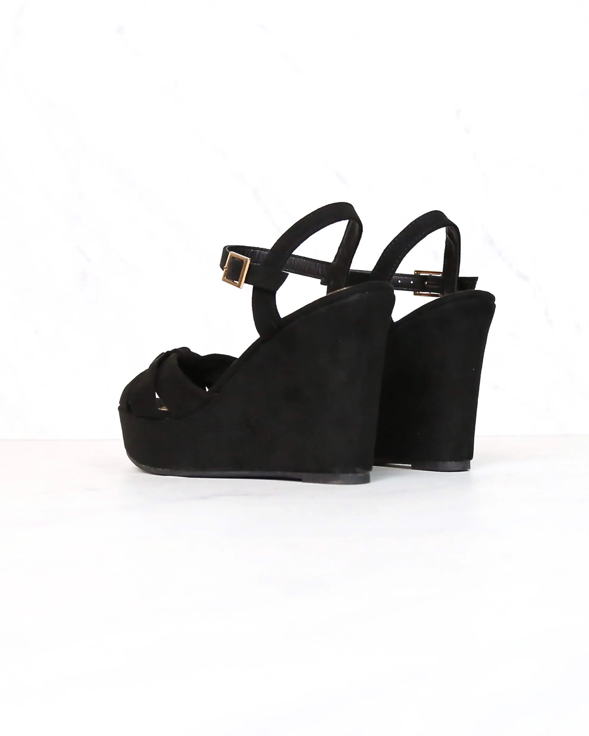 Doing Fine Knotted Single Band Platform Heel Sandal in Black Suede