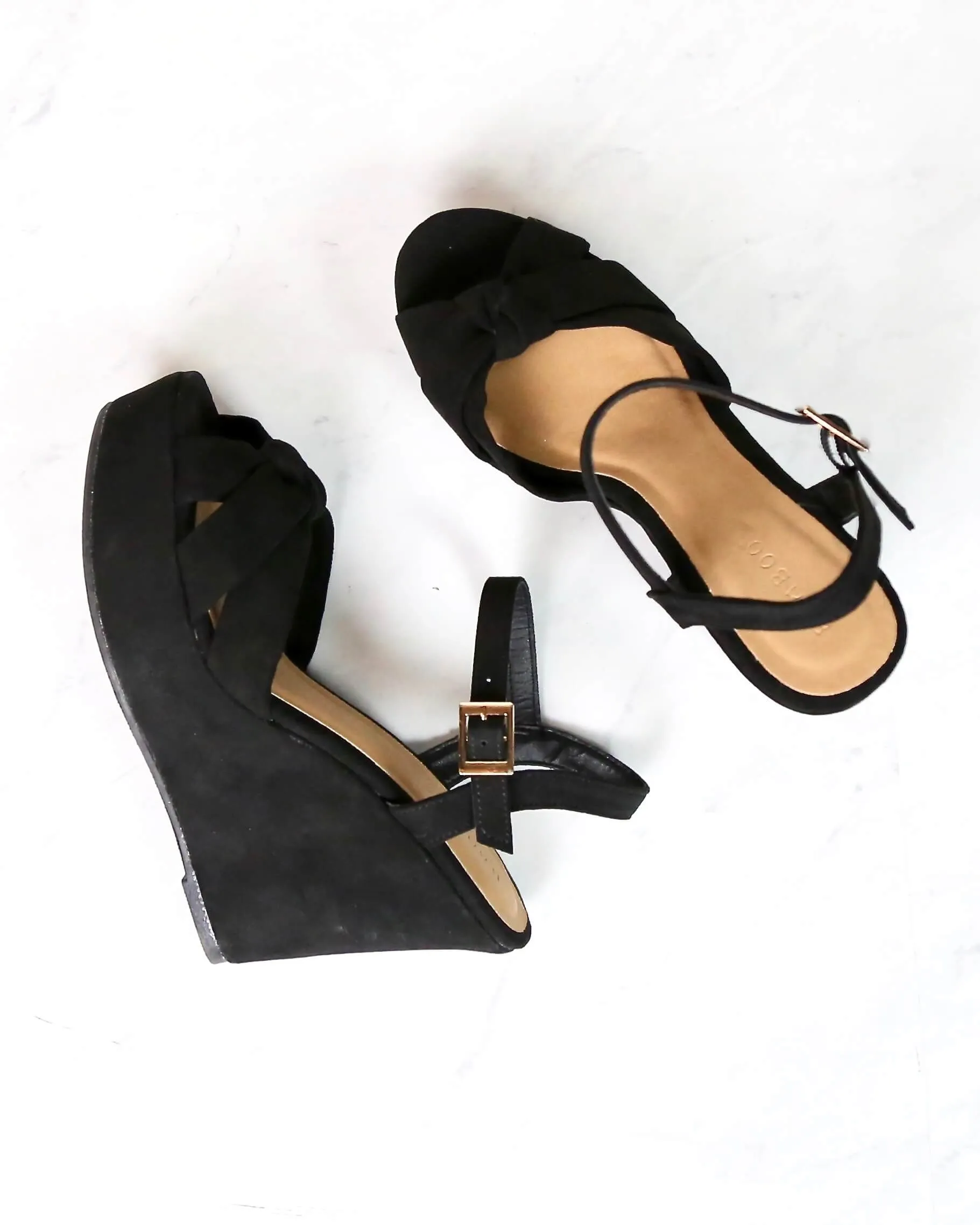 Doing Fine Knotted Single Band Platform Heel Sandal in Black Suede