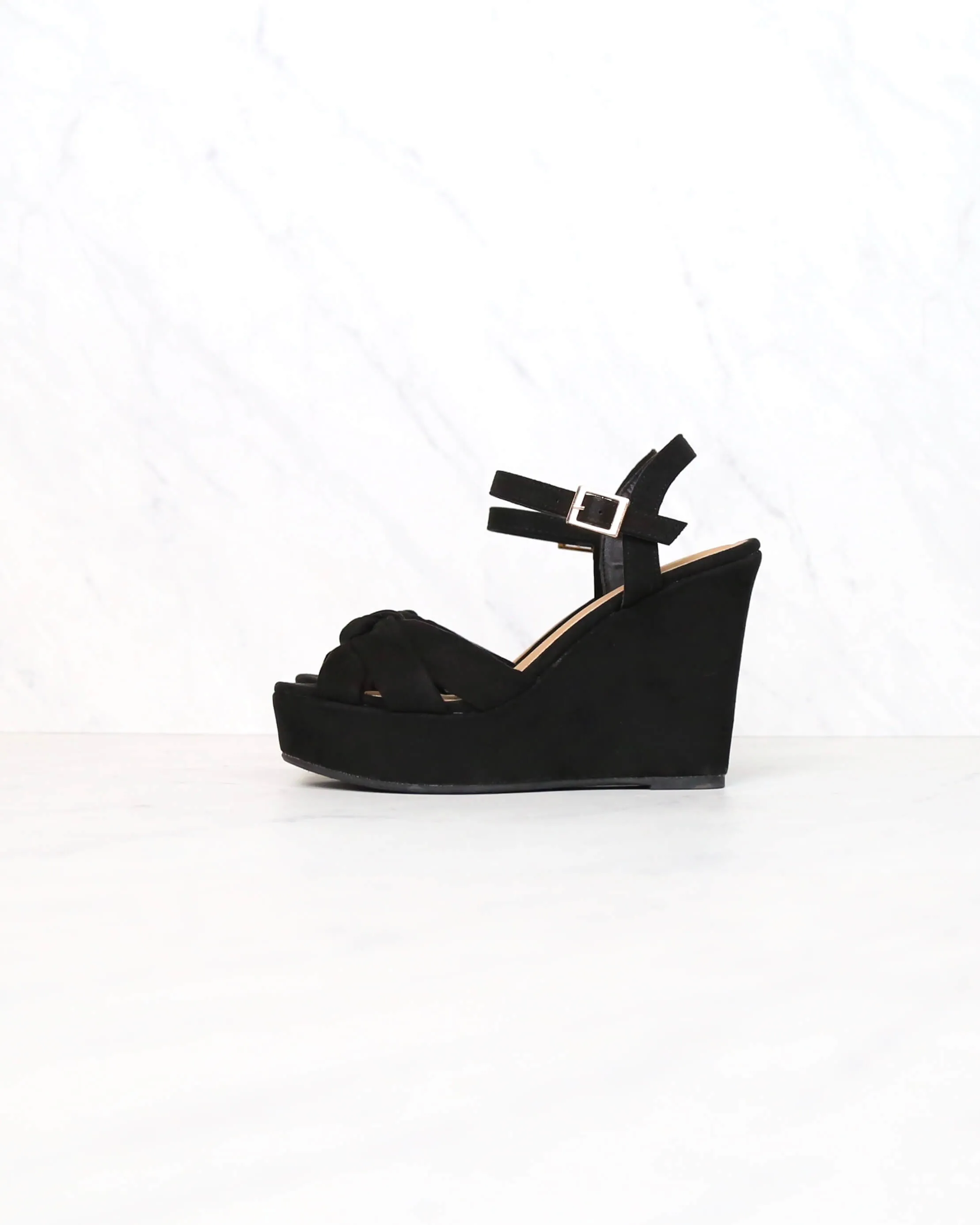 Doing Fine Knotted Single Band Platform Heel Sandal in Black Suede