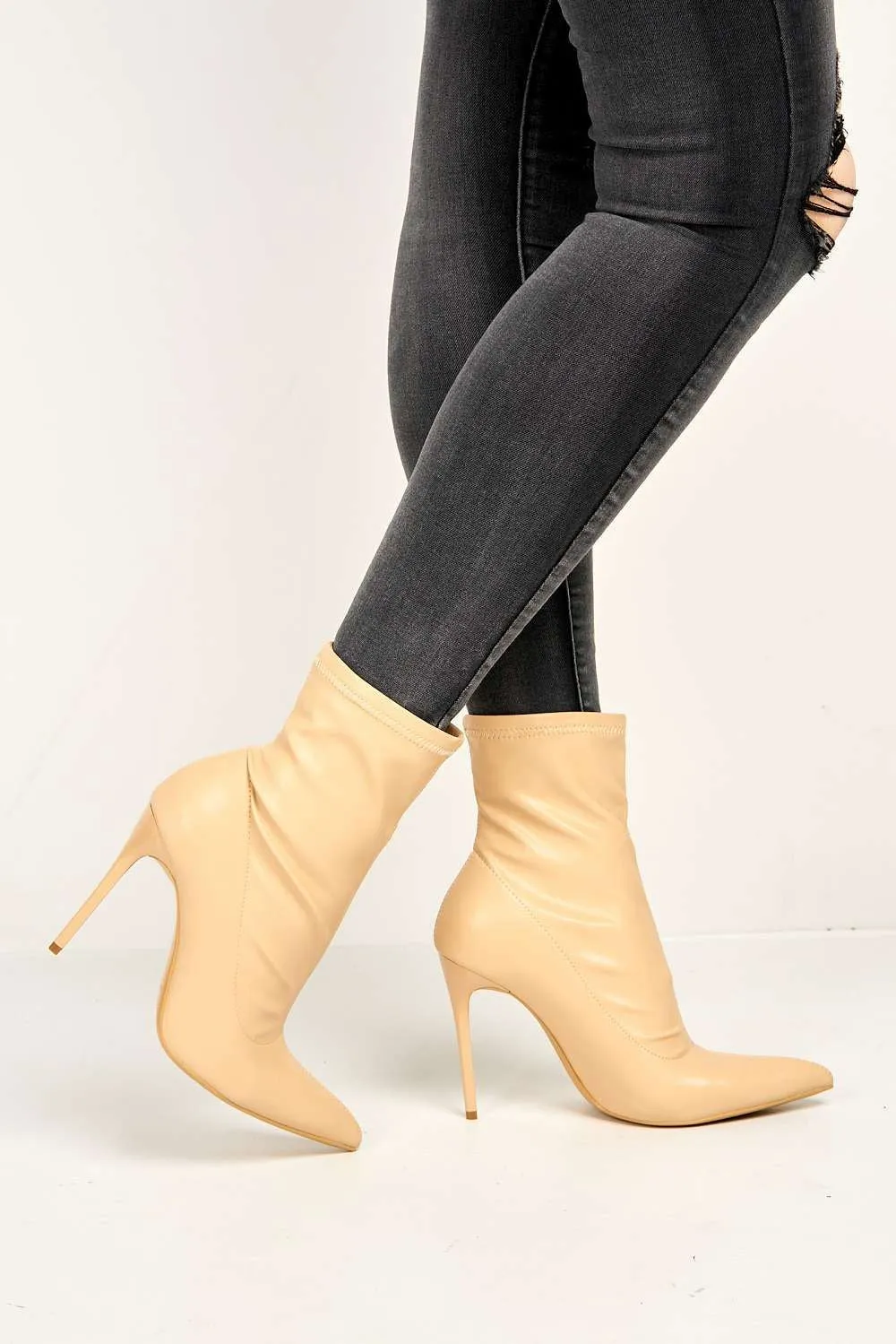 Eless Pointed Toe Stiletto Heeled Ankle Boots in Nude Matt