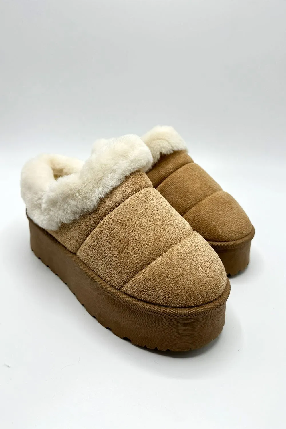 Felpa Faux Fur Quilted Flatform Slippers in Sand