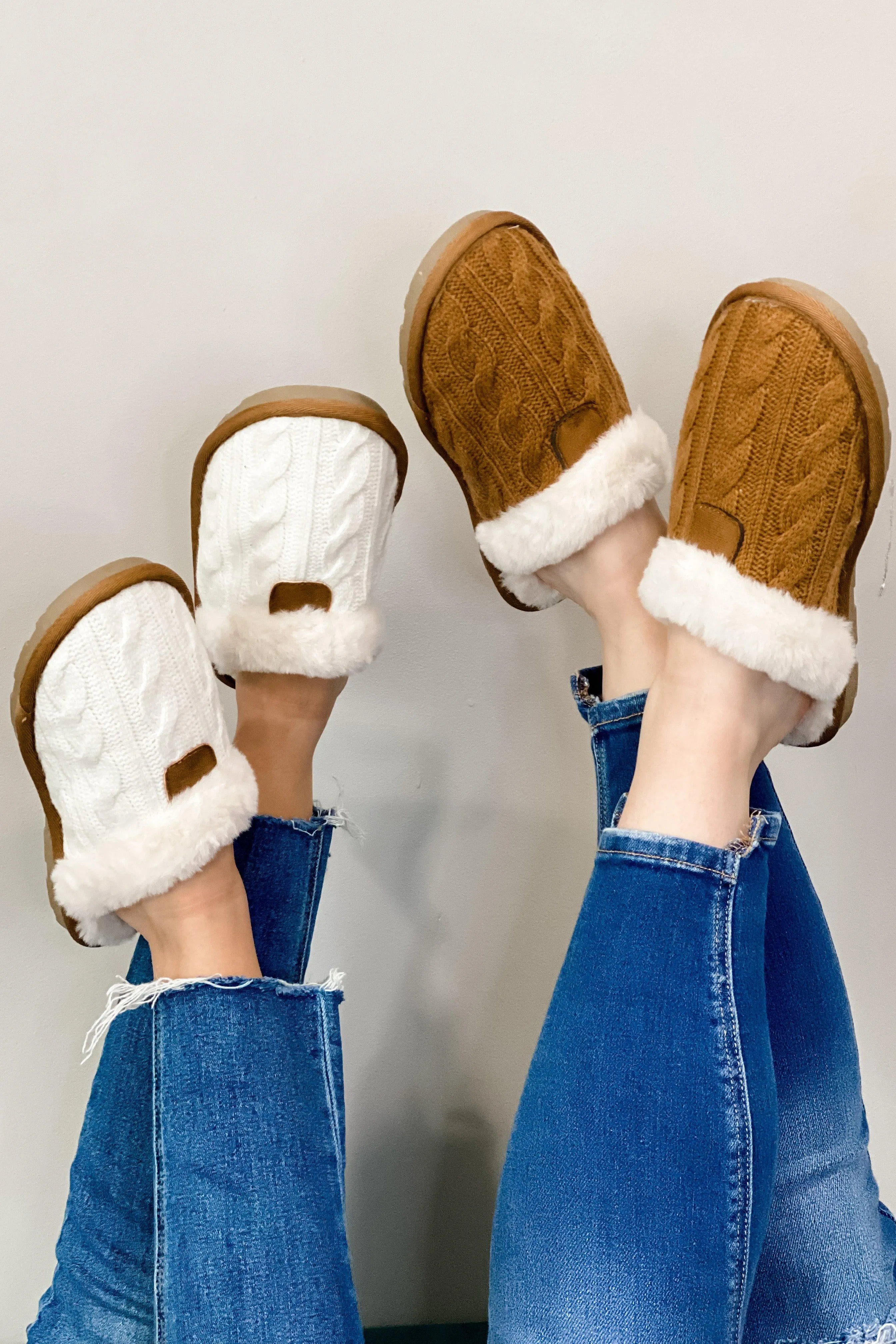 Fluffy Feet- {Off White & Tan} Cable Knit House Slippers w/ Faux Fur Lining