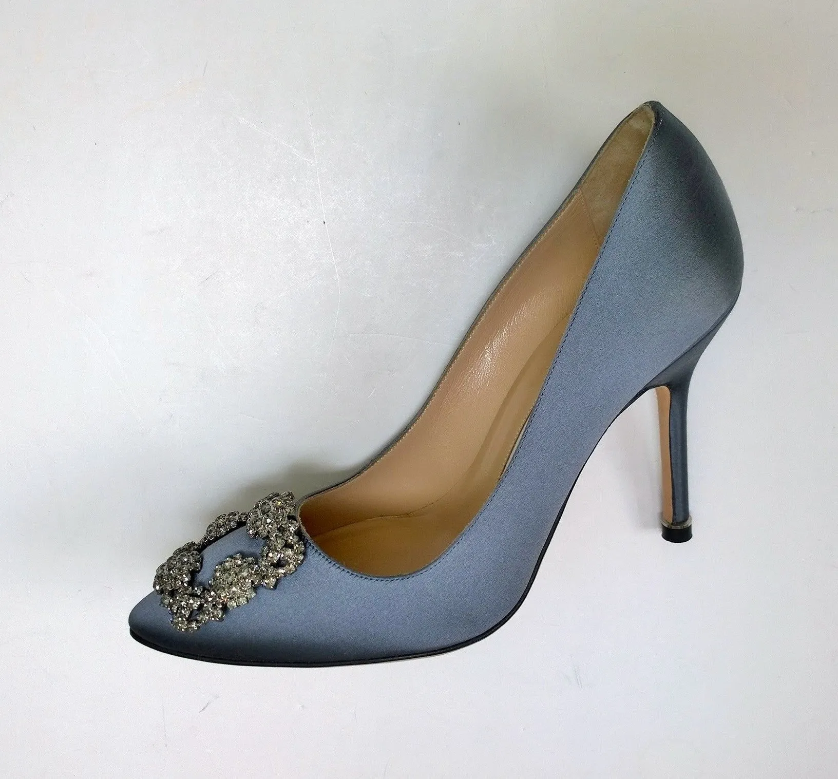 Manolo Blahnik Hangisi 105 Grey Satin Rhinestone Buckle Heels