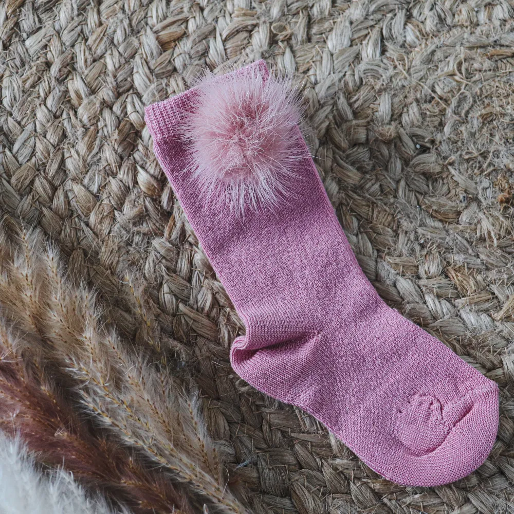 Meia Pata Girls Old Pink Fur Pom Pom Knee Socks