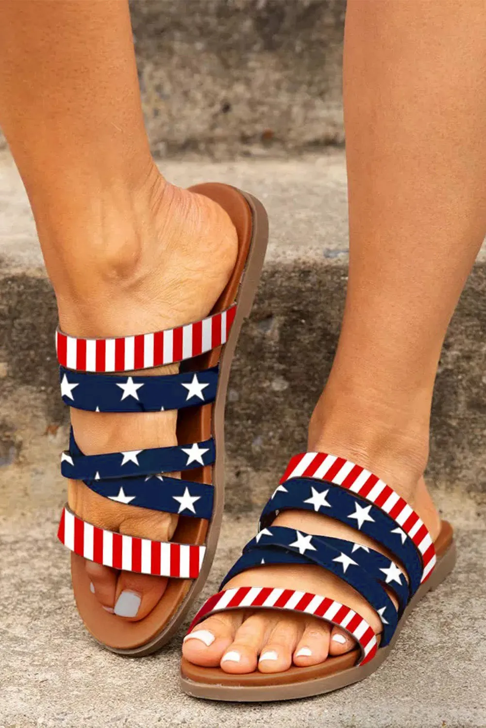 Open Toe Casual Summer Shoes American Flag Crisscross Strappy Slippers