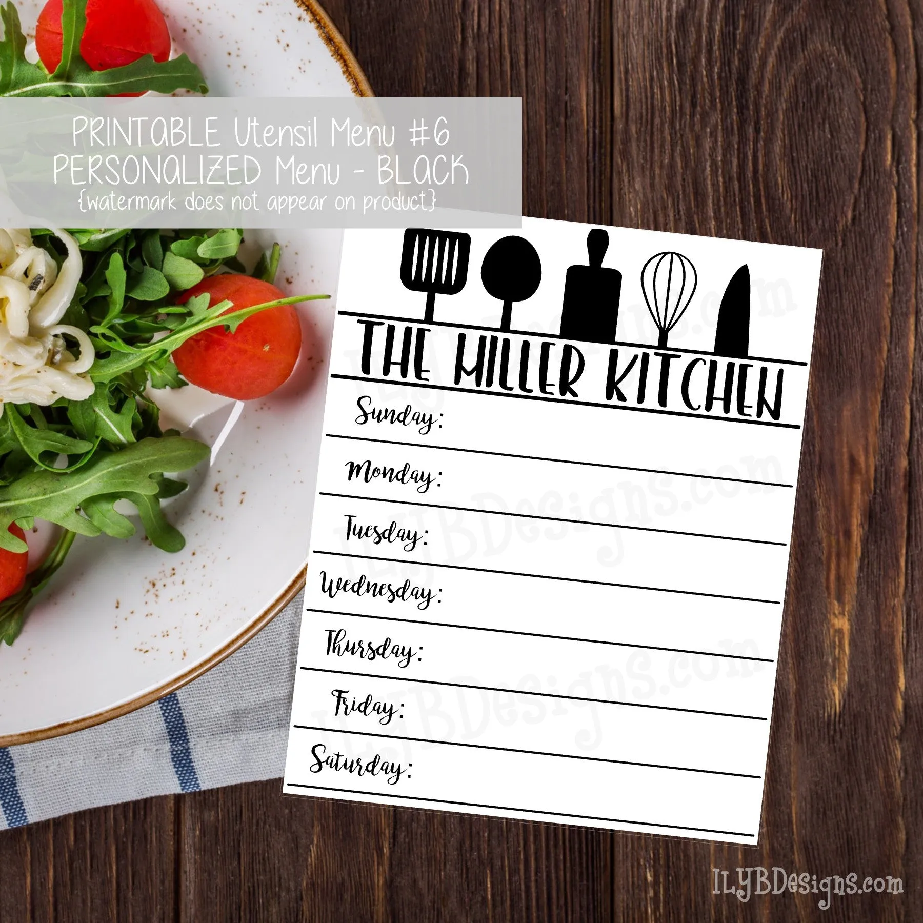 PERSONALIZED PRINTABLE Utensil Menu #6