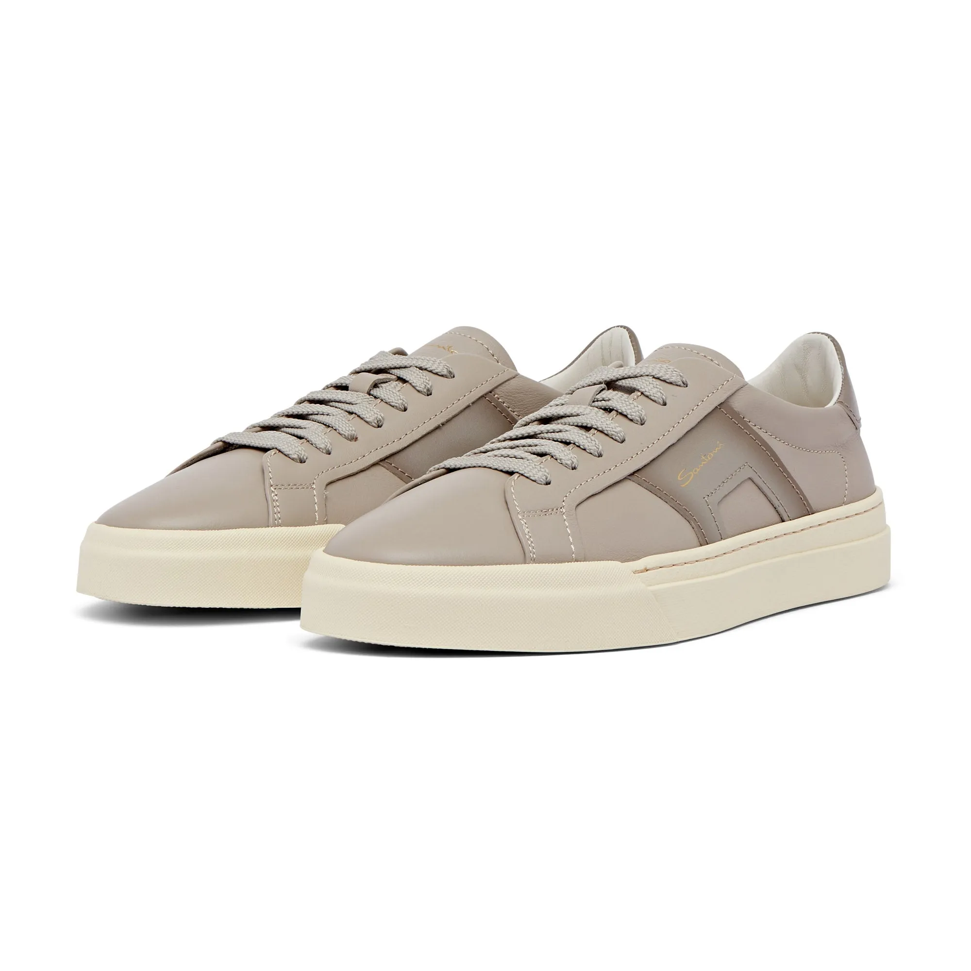 Santoni Low Top Leather Double Buckle Sneaker Gum Sole (Beige Brown)