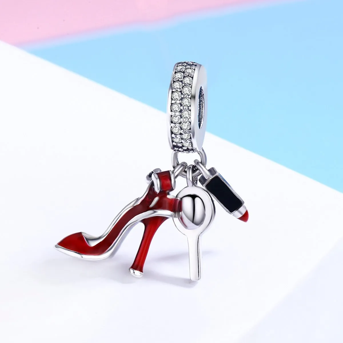 Sexy High Heel Shoe & Lipstick 925 Sterling Silver Dangle Charm