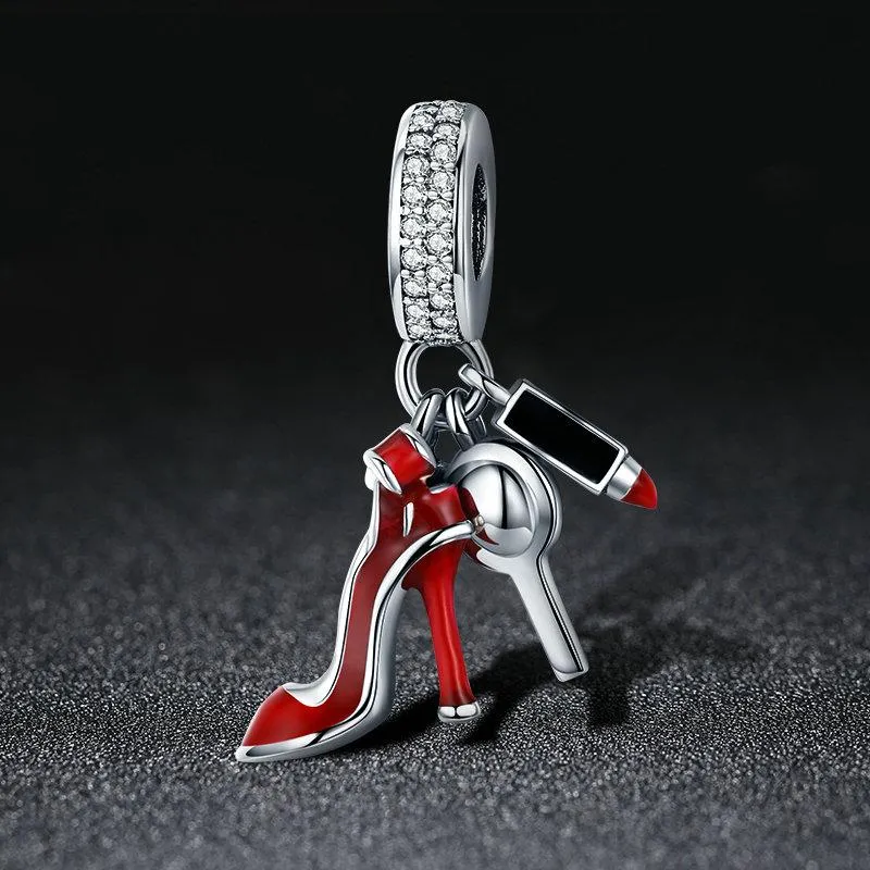 Sexy High Heel Shoe & Lipstick 925 Sterling Silver Dangle Charm