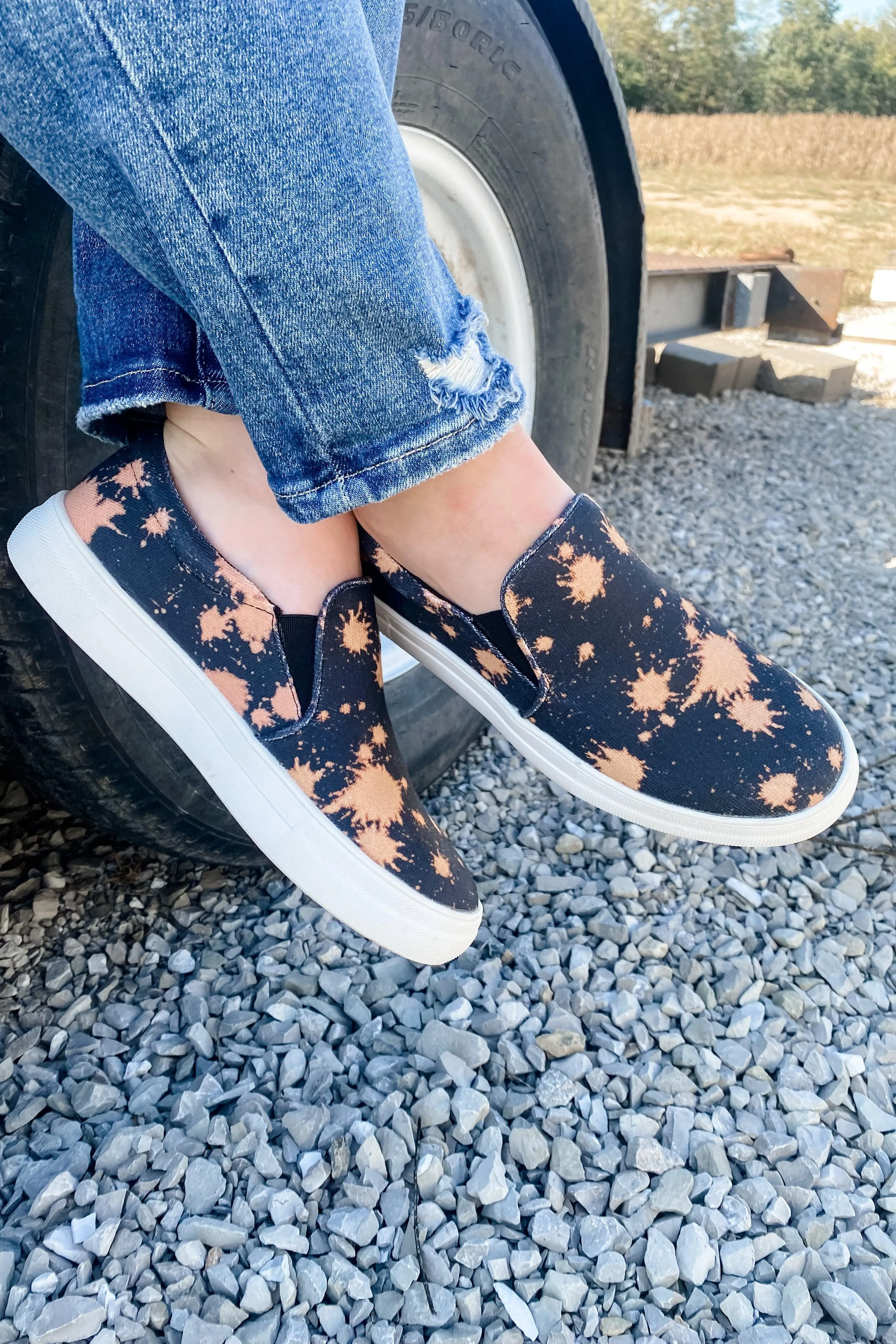 Splat, Crackle, Pop! - Black Slip- On Sneakers w/ Bleach Splatter Marks