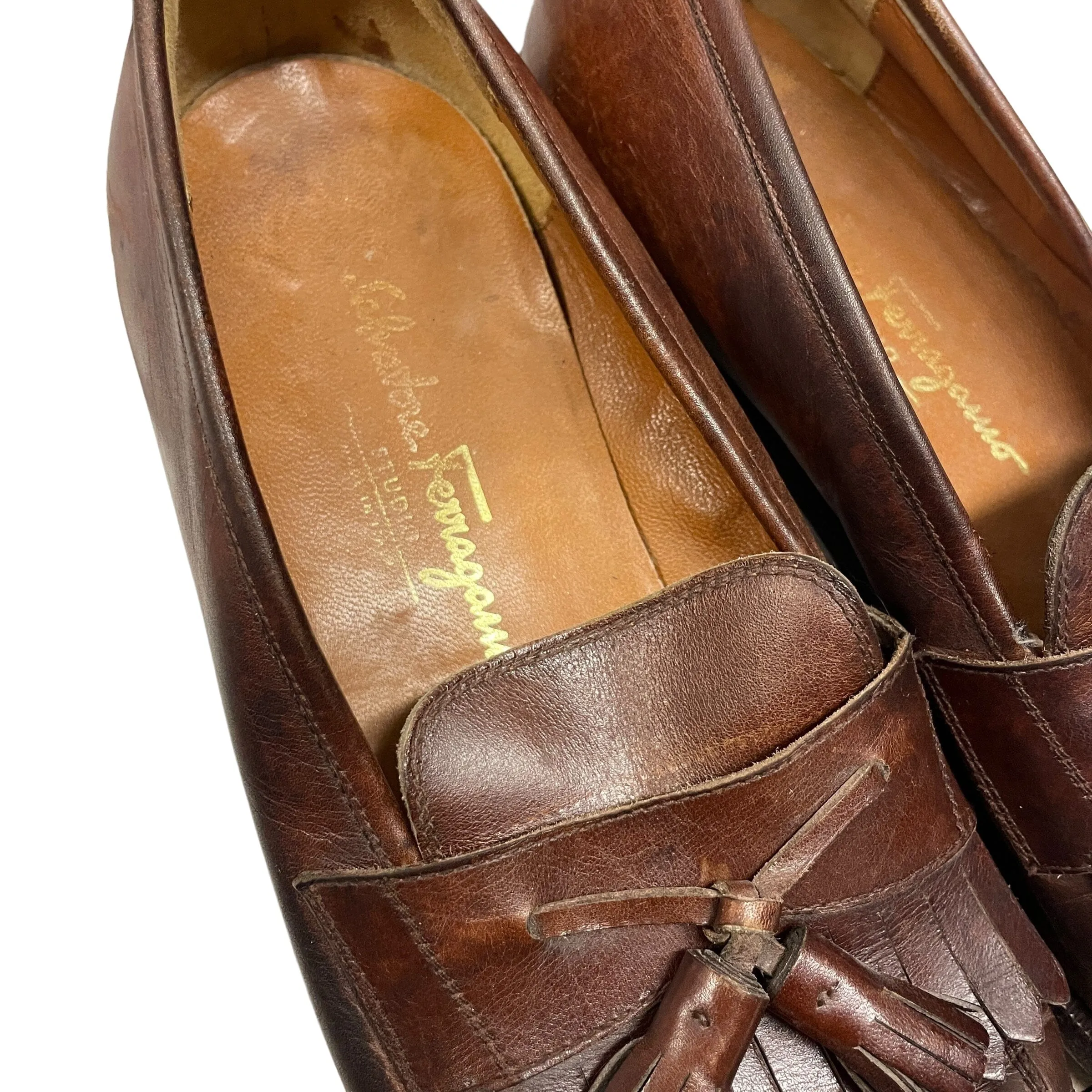 Vintage Designer Ferragamo Men's Leather Loafers with Tassels Made in Italy