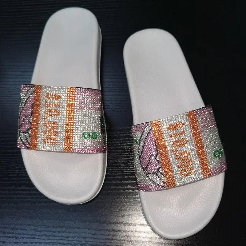 Women Fashion Wear Sandals Ladies Colorful Diamond Dollar Shoes Female Outdoor Slippers Girl's Rhinestone Flip Flops Bling Bling