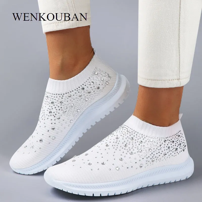 Womens Casual Slip-On Sneakers with Crystal Bling - Stylish Summer Sock Trainers Vulcanized Shoes