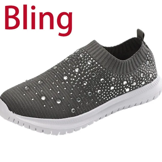 Womens Casual Slip-On Sneakers with Crystal Bling - Stylish Summer Sock Trainers Vulcanized Shoes